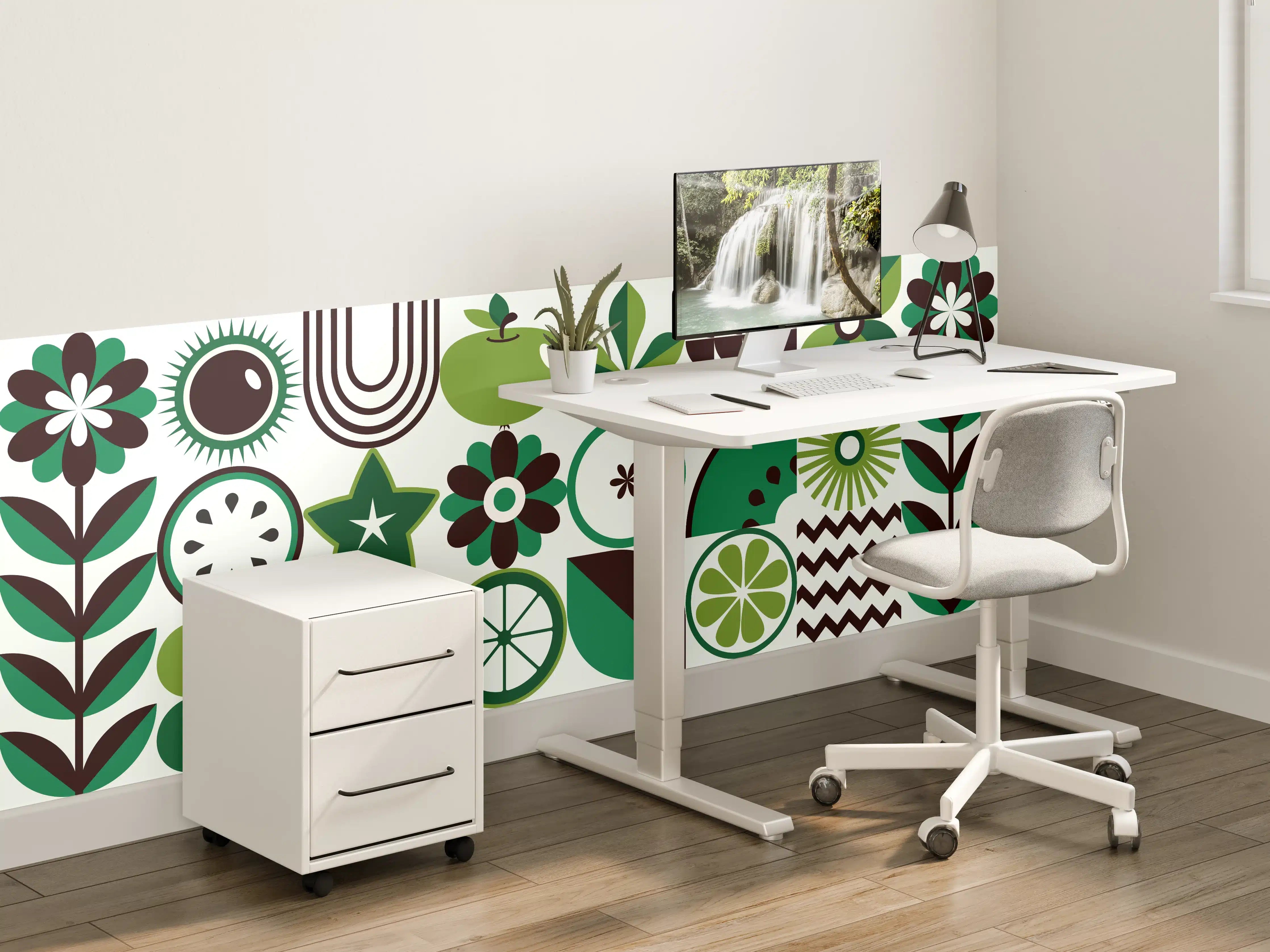 Kinderzimmer Wandgestaltung - Fröhliches grünes Apfel-Muster mit Blumen