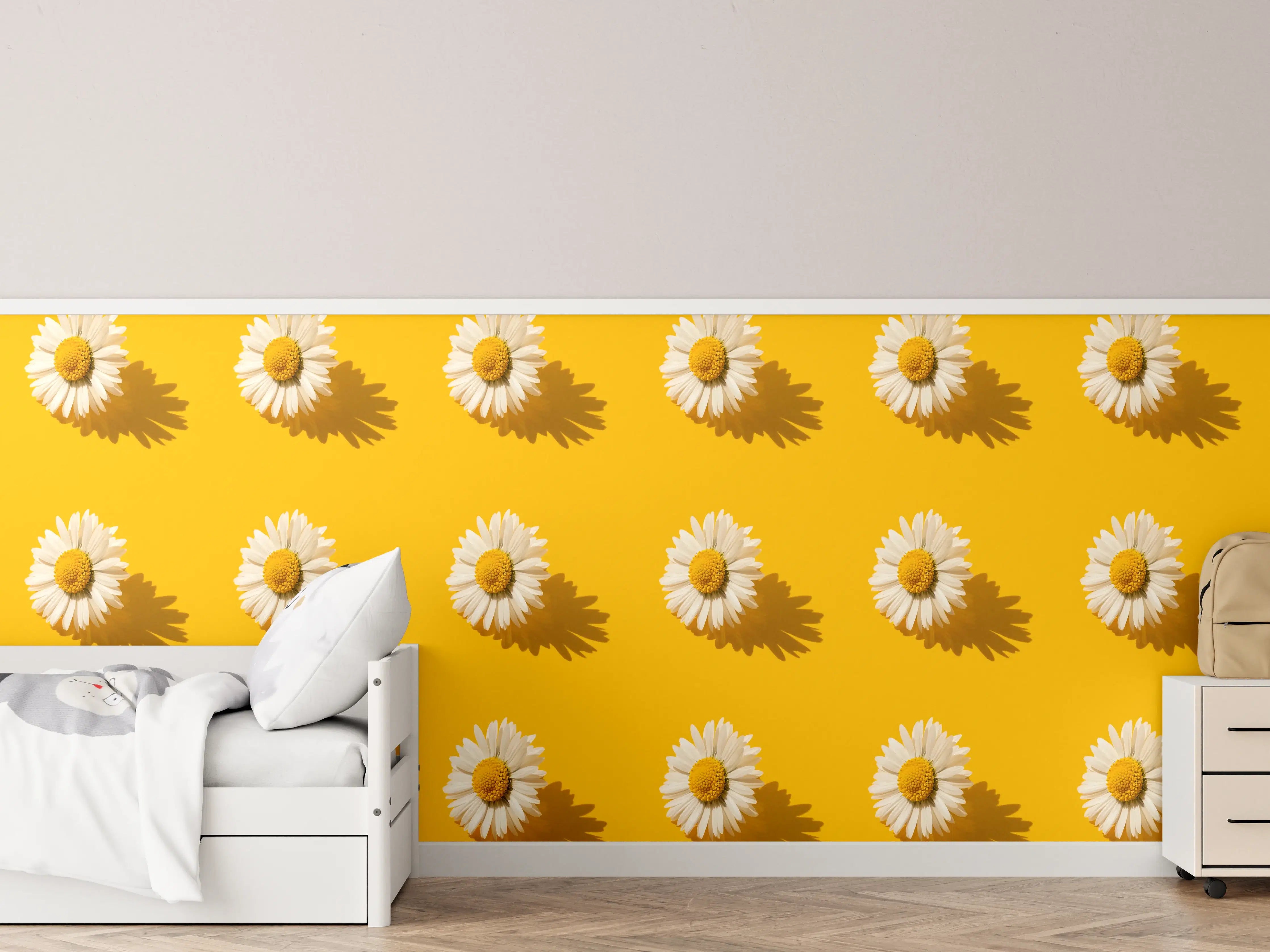 Kinderzimmer Wandgestaltung - Gänseblümchen Muster auf gelbem Hintergrund