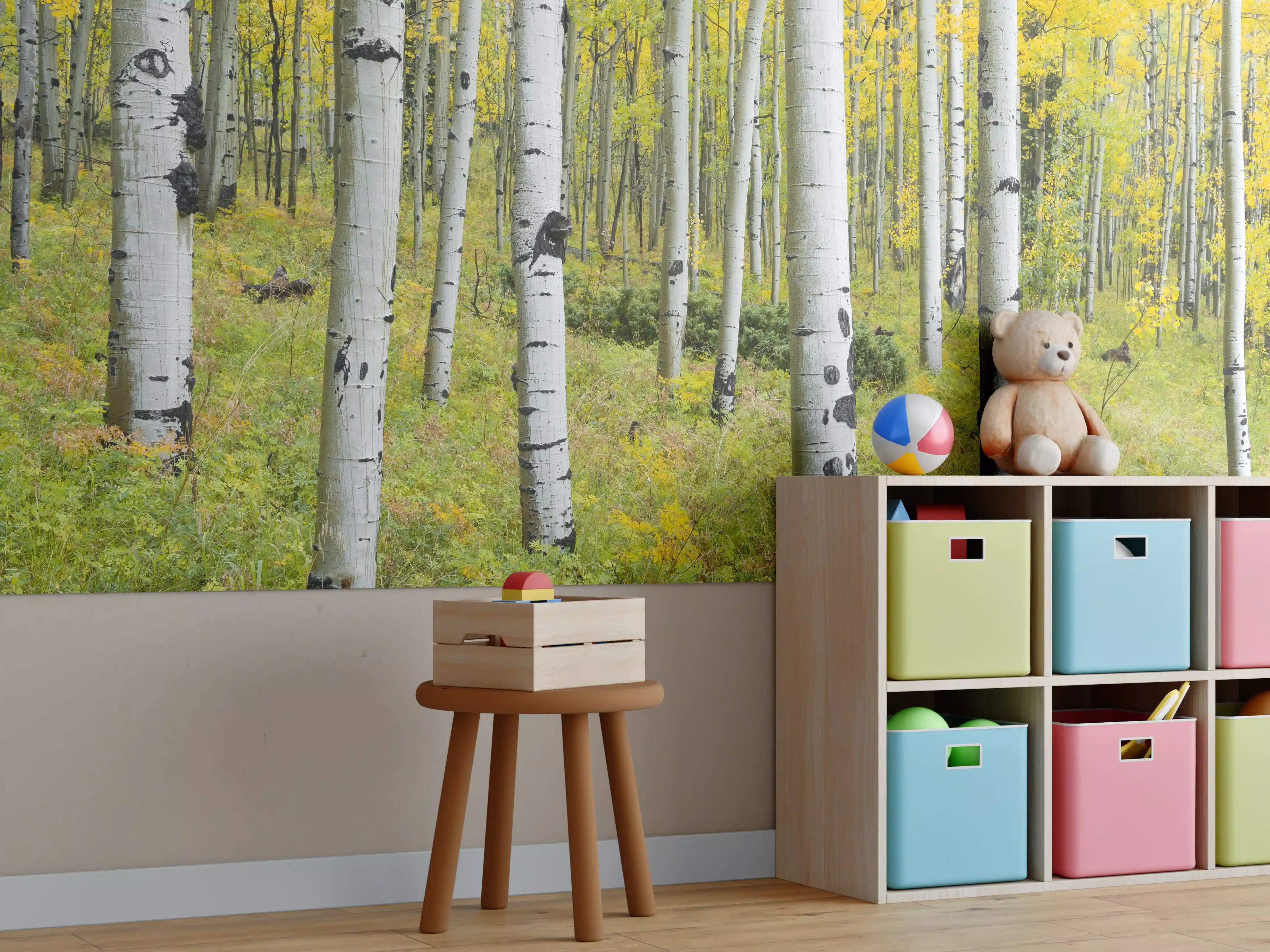Kinderzimmer Wandgestaltung - Gelb, grüner Birkenwald