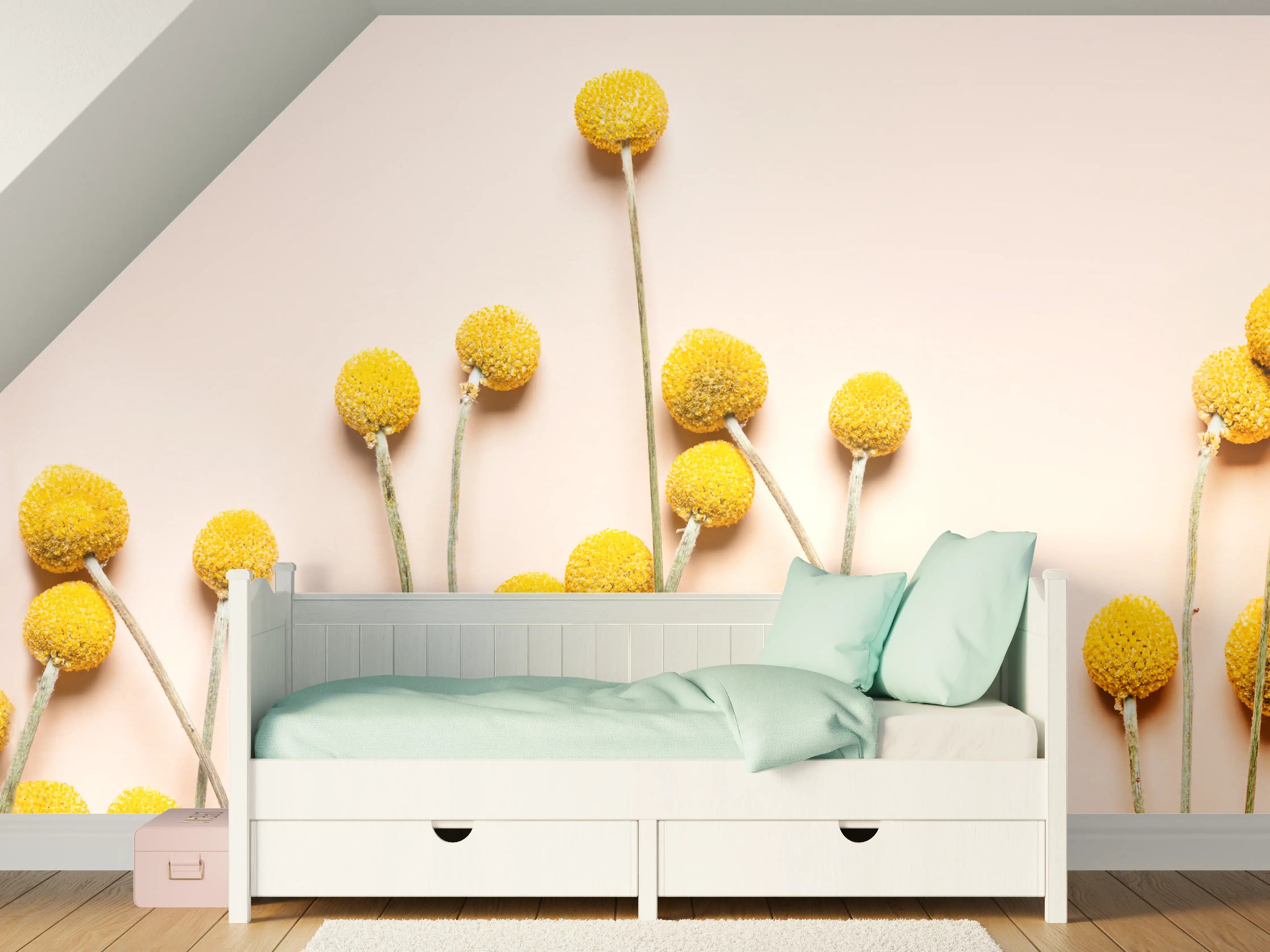 Kinderzimmer Wandgestaltung - Gelbe Blümchen auf neutralem Hintergrund