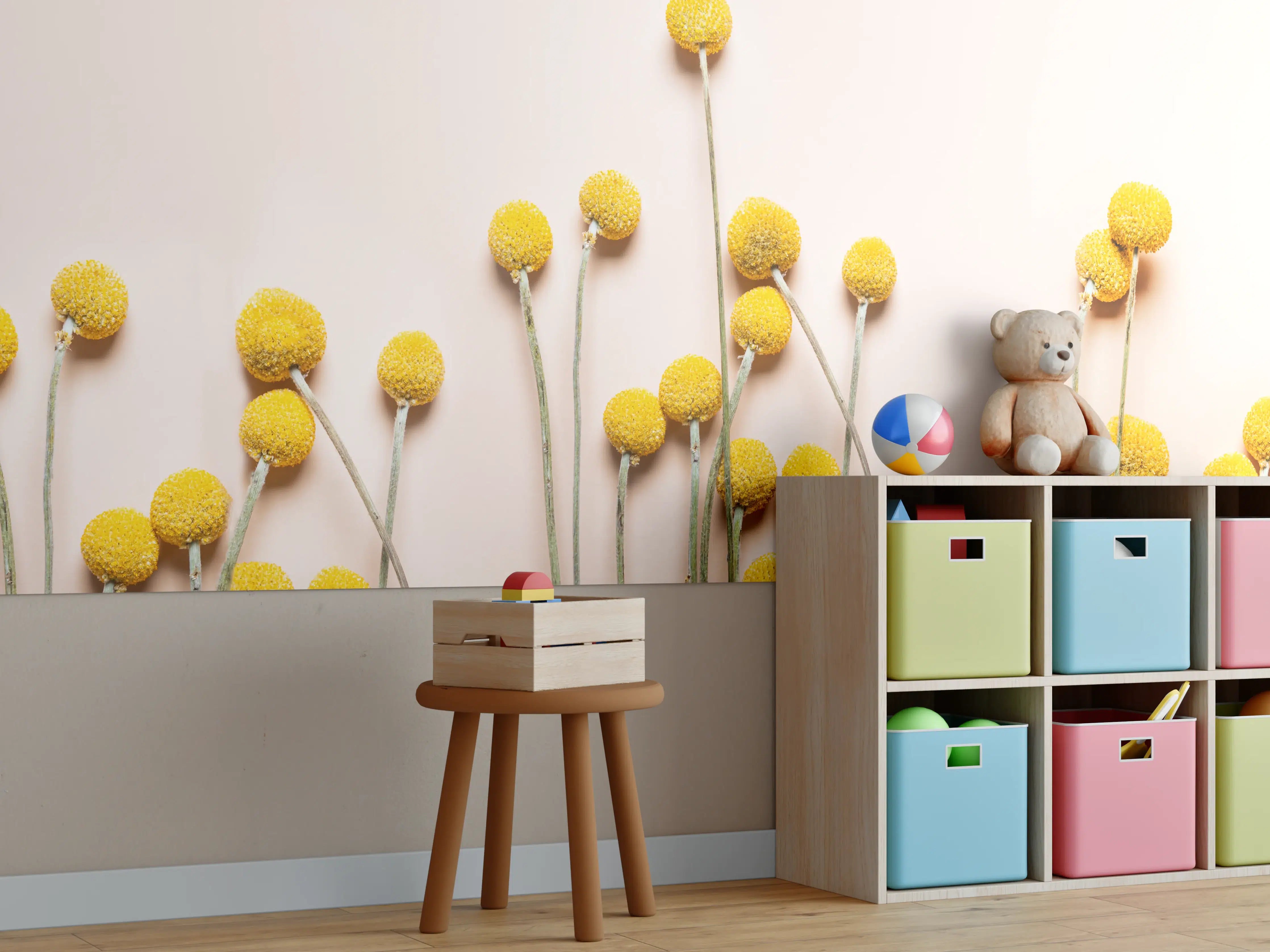 Kinderzimmer Wandgestaltung - Gelbe Blümchen auf neutralem Hintergrund