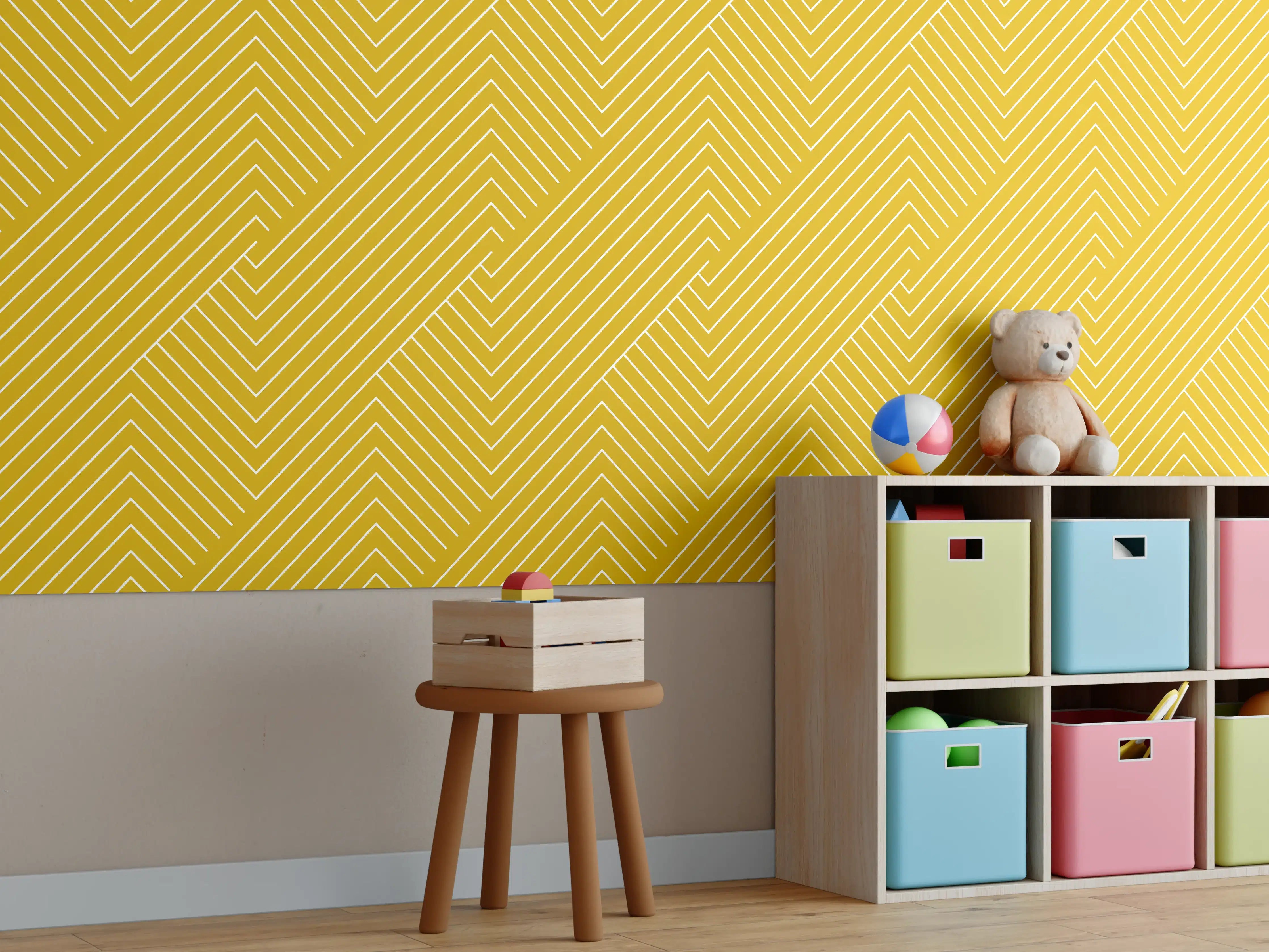 Kinderzimmer Wandgestaltung - Gelbe geometrische Fliesen mit weißen und grauen Nuancen