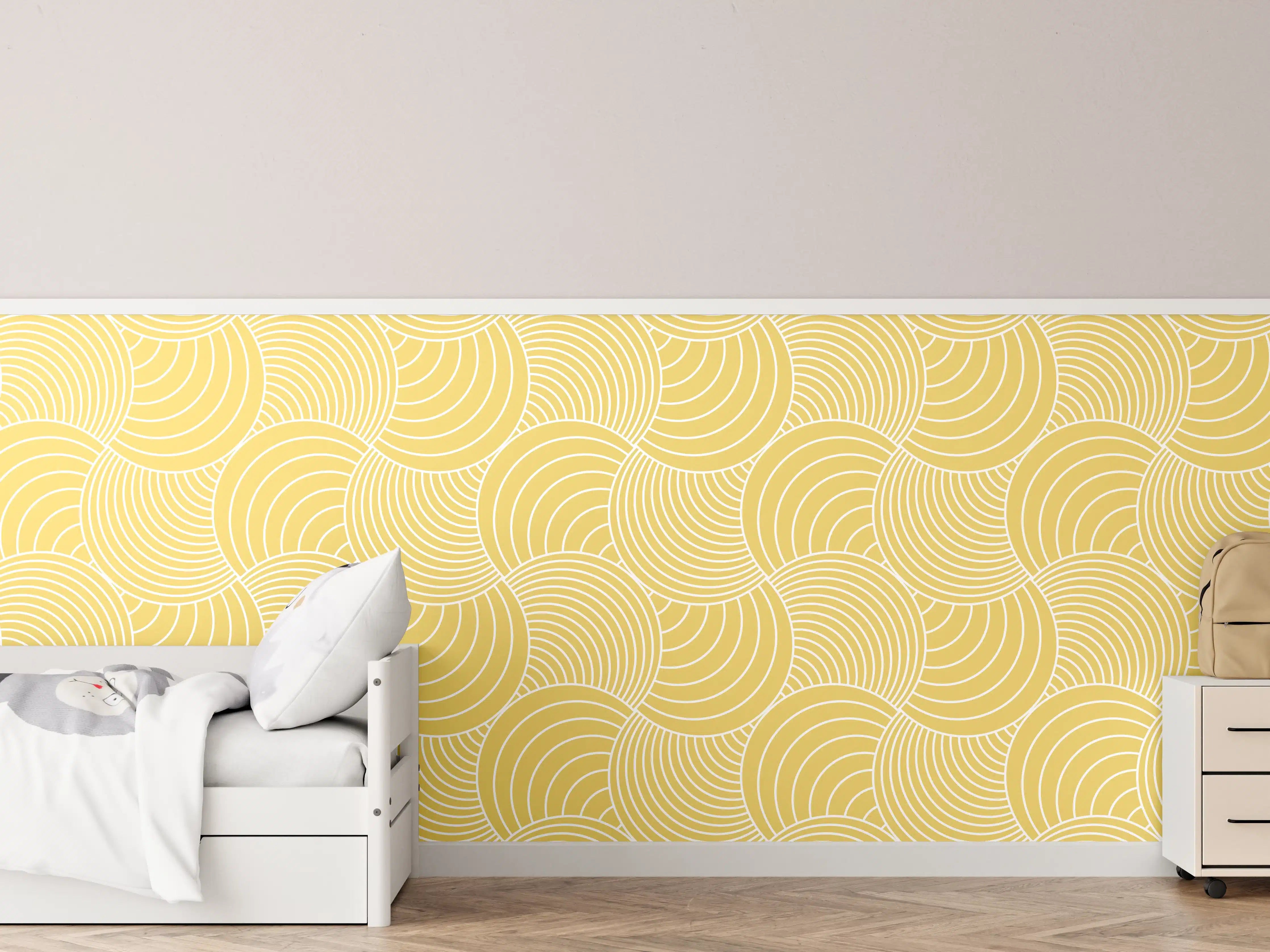 Kinderzimmer Wandgestaltung - Gelbes Wellenmuster mit Goldakzenten