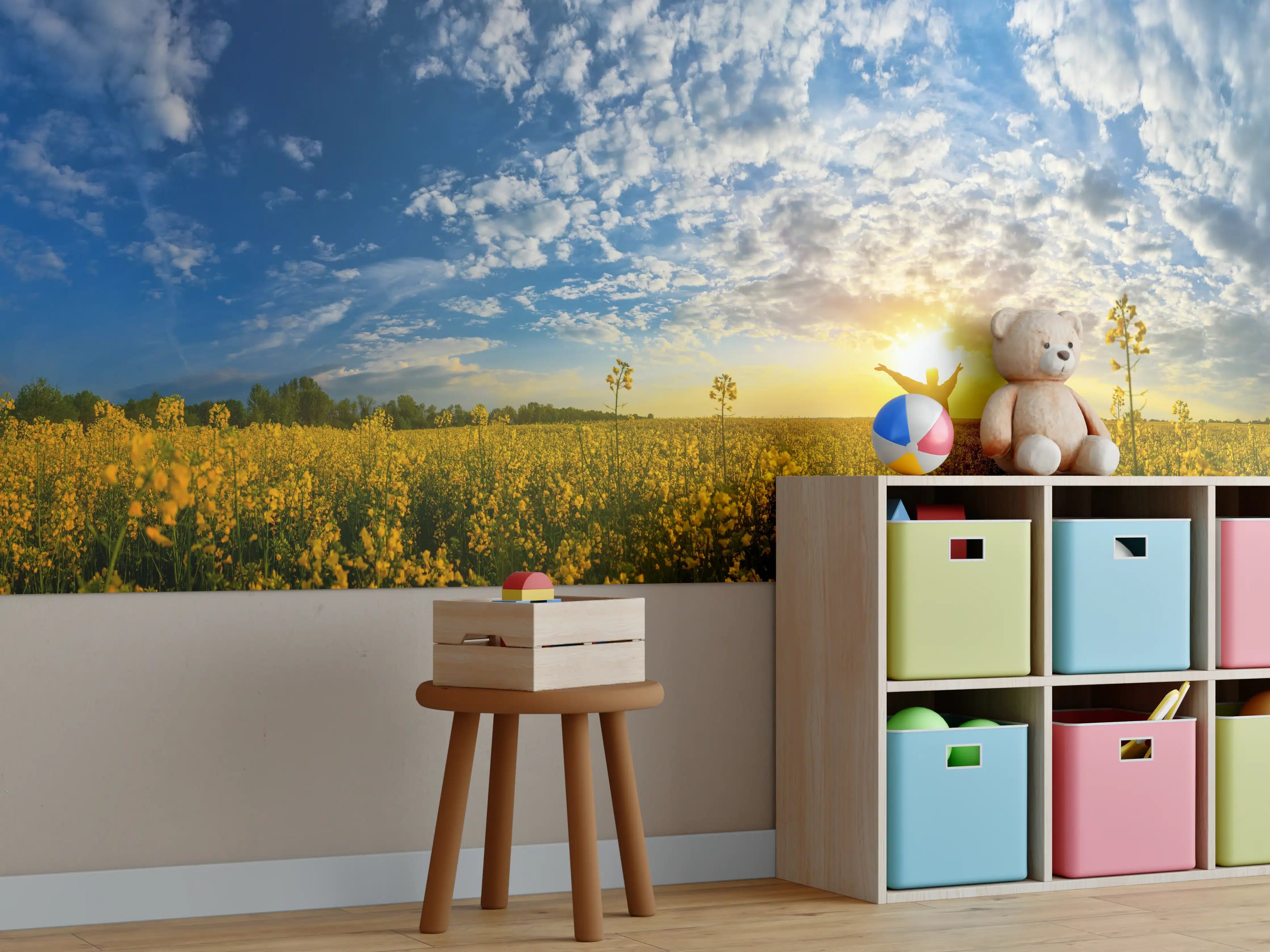 Kinderzimmer Wandgestaltung - Gelbliches Blumenfeld am Morgen
