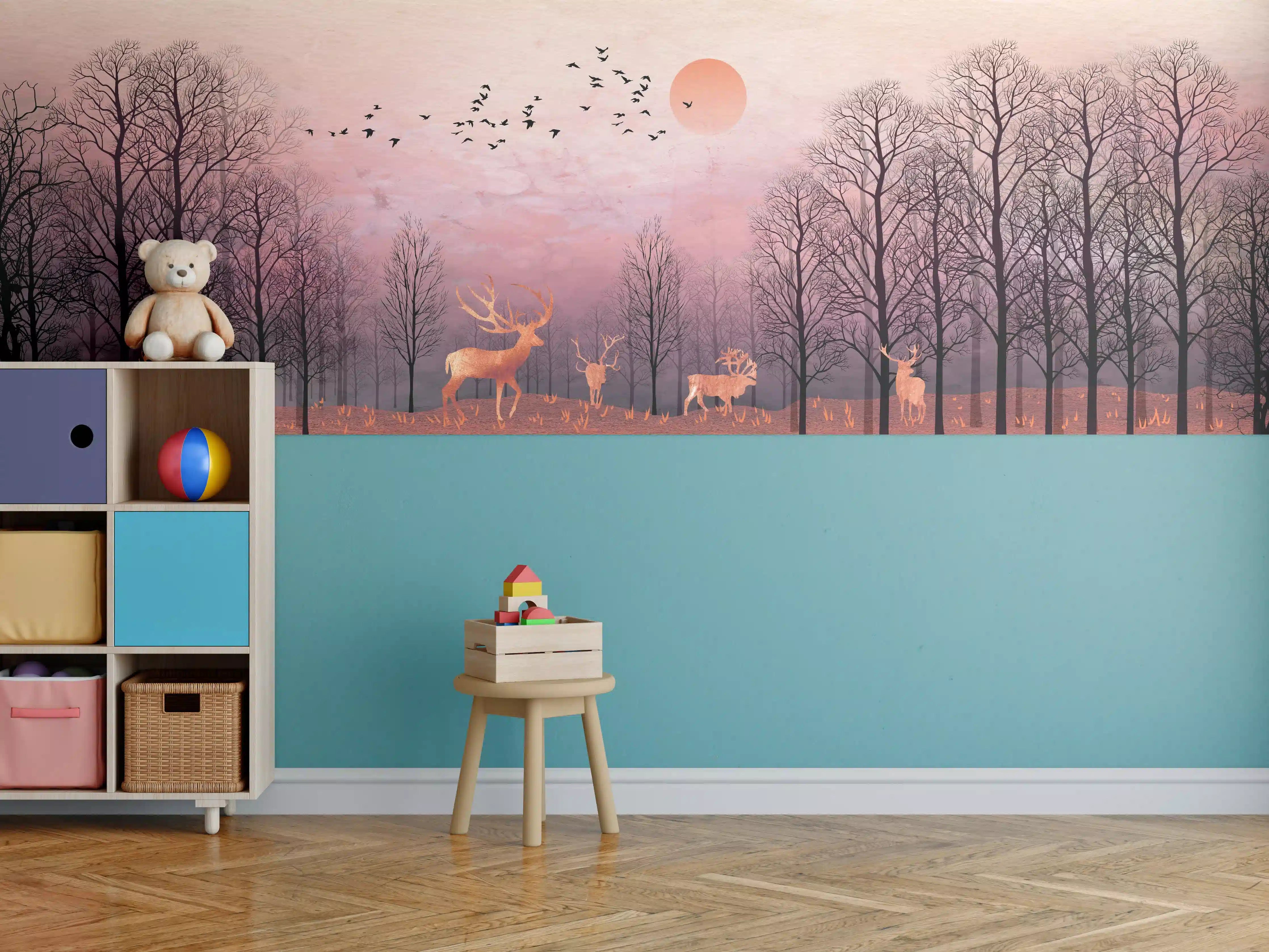 Kinderzimmer Wandgestaltung - Gemalte Landschaft mit Wildtieren