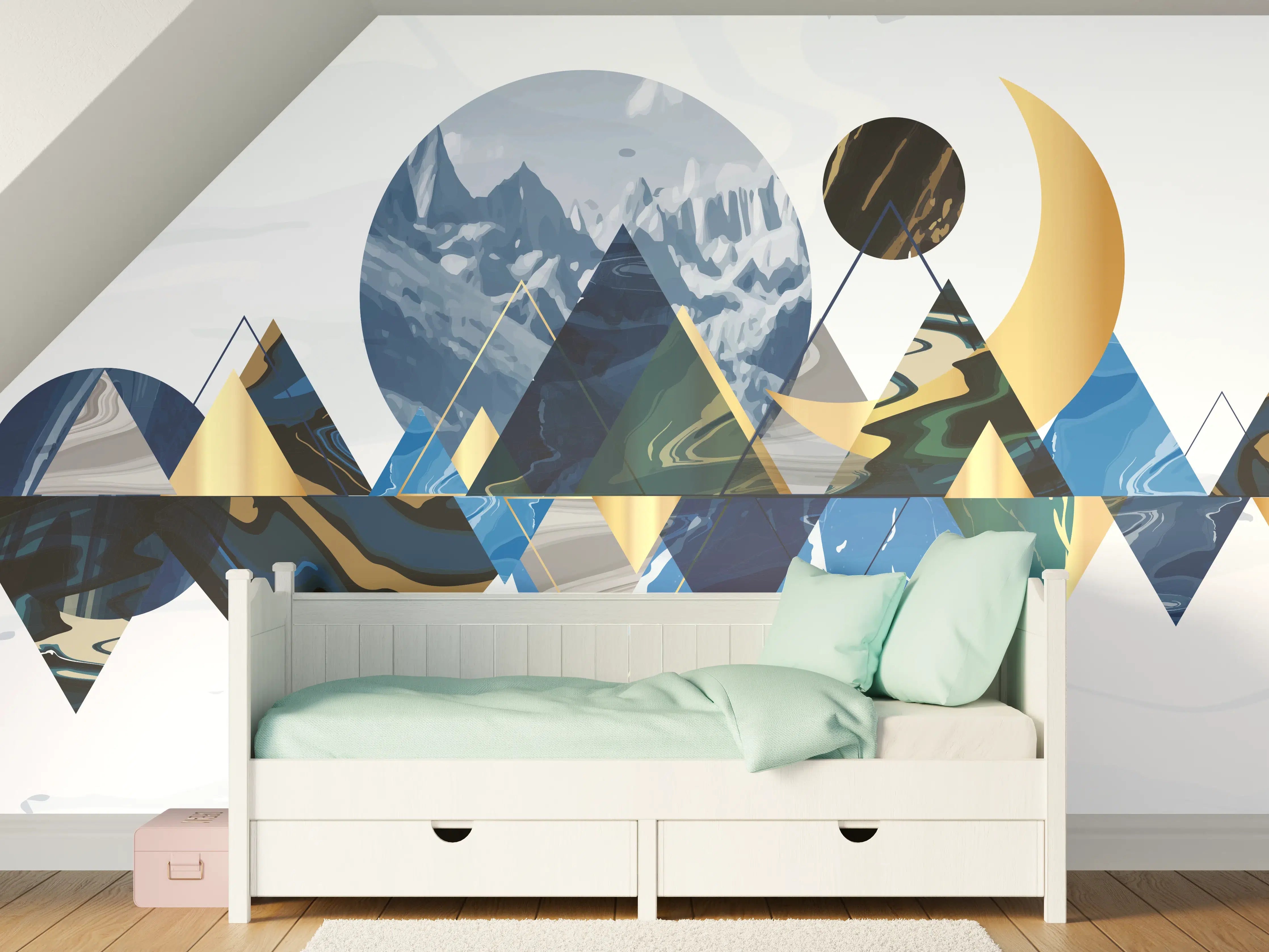 Kinderzimmer Wandgestaltung - Geometrische Berglandschaft in Blau
