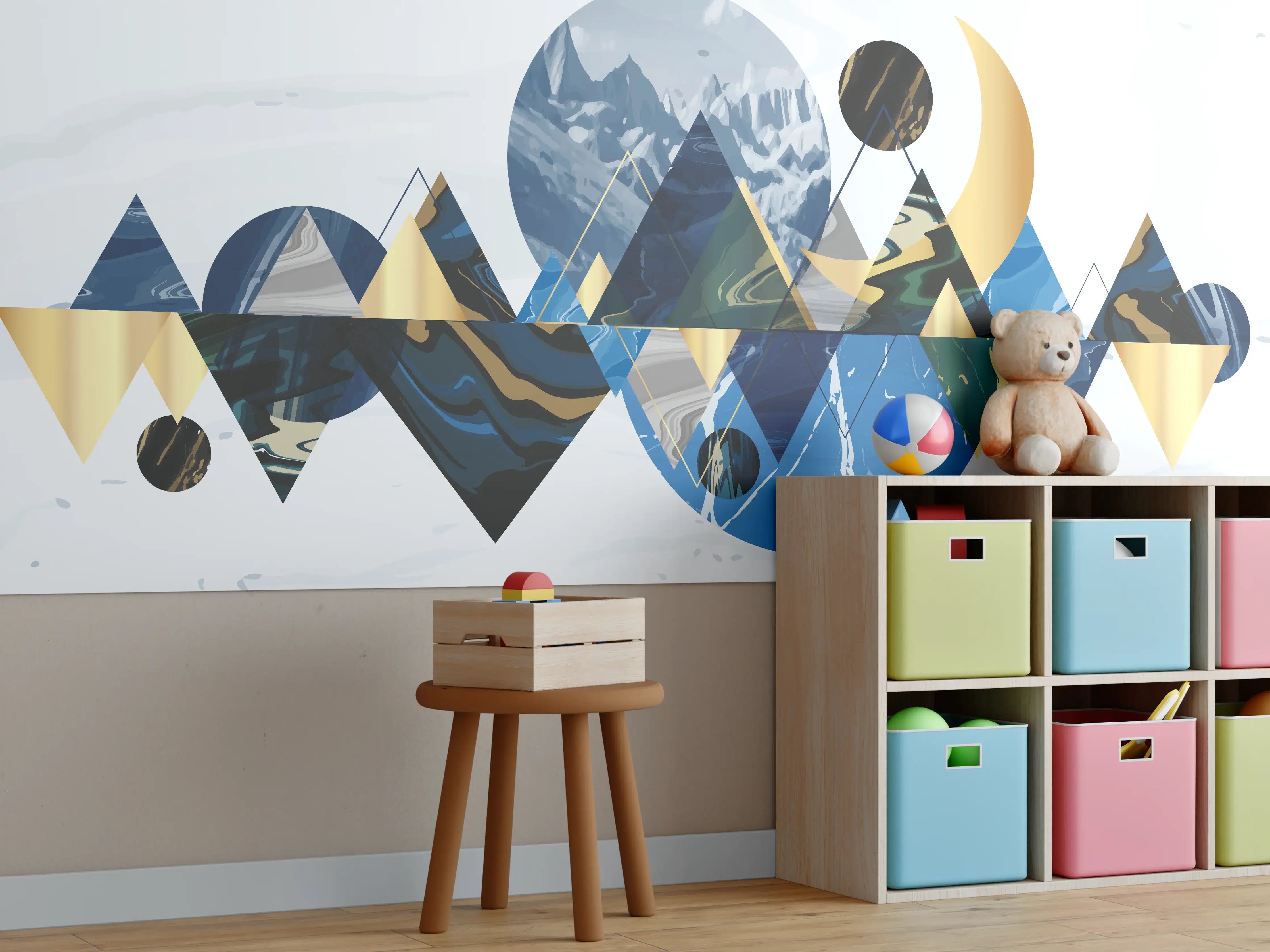 Kinderzimmer Wandgestaltung - Geometrische Berglandschaft in Blau