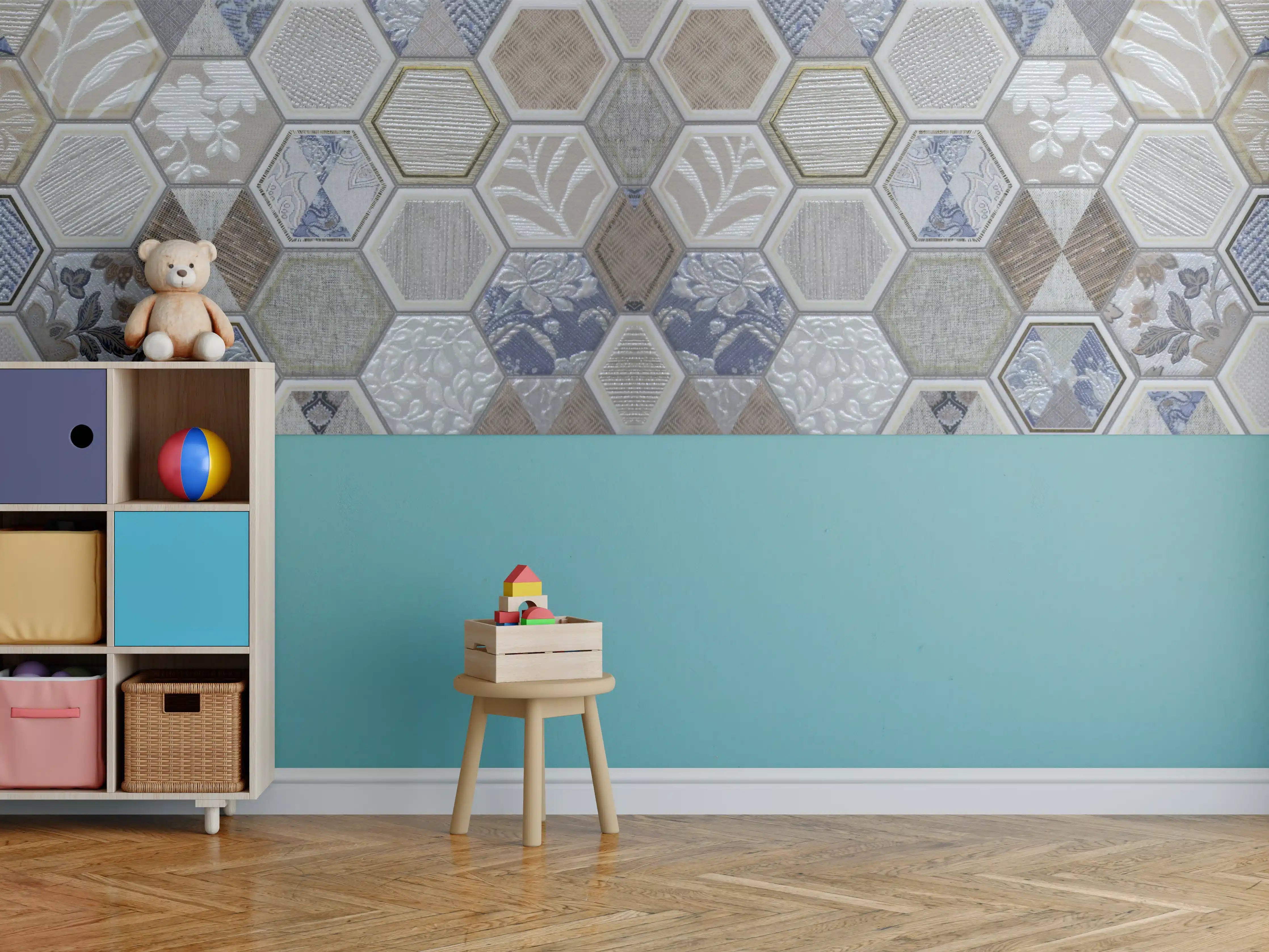 Kinderzimmer Wandgestaltung - Geometrische Blau-Beige Fliesen