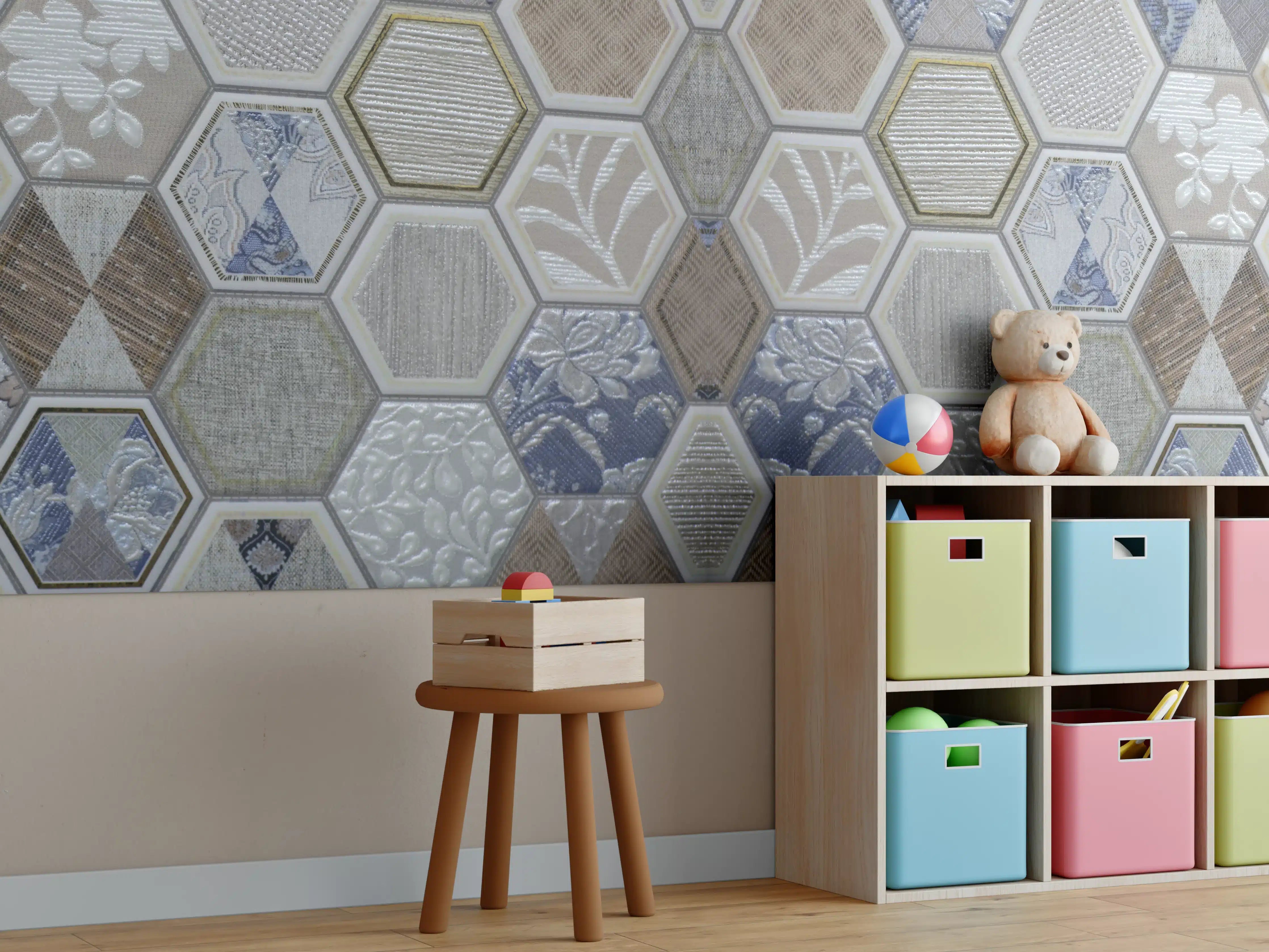 Kinderzimmer Wandgestaltung - Geometrische Blau-Beige Fliesen