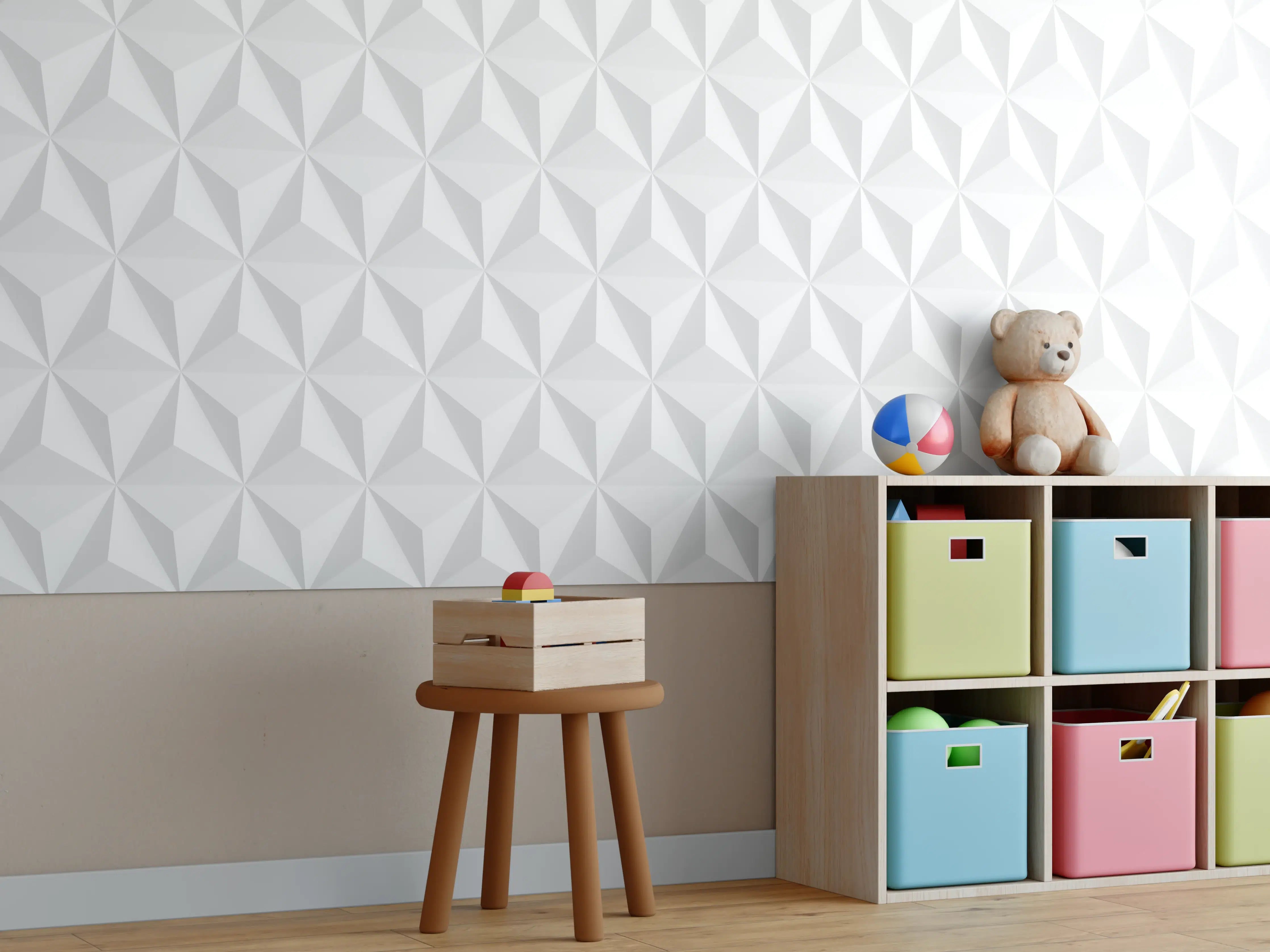 Kinderzimmer Wandgestaltung - Geometrische Weiß-Grau 3D Textur