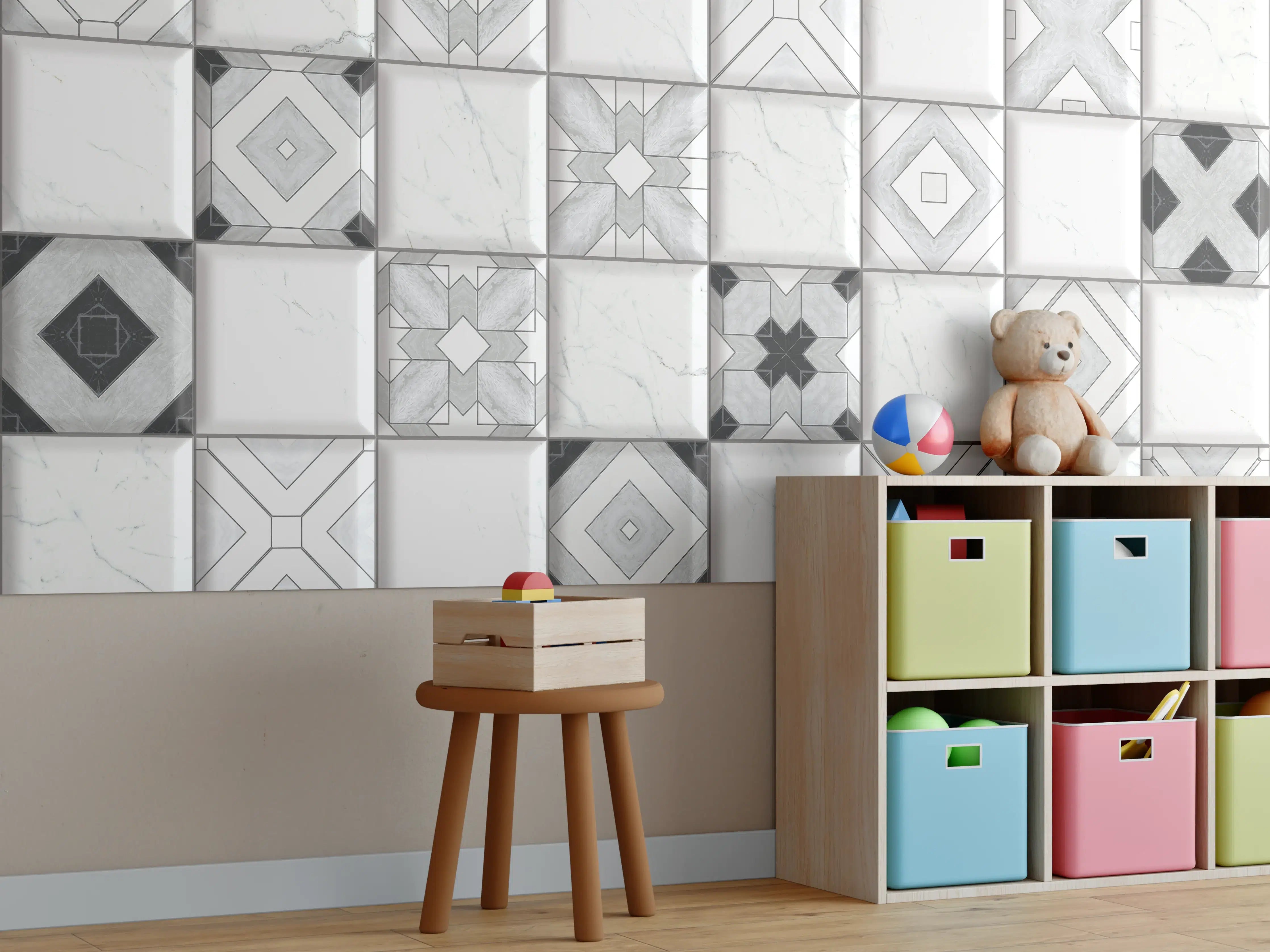 Kinderzimmer Wandgestaltung - Geometrische Weiß-Grau Wandfliesen