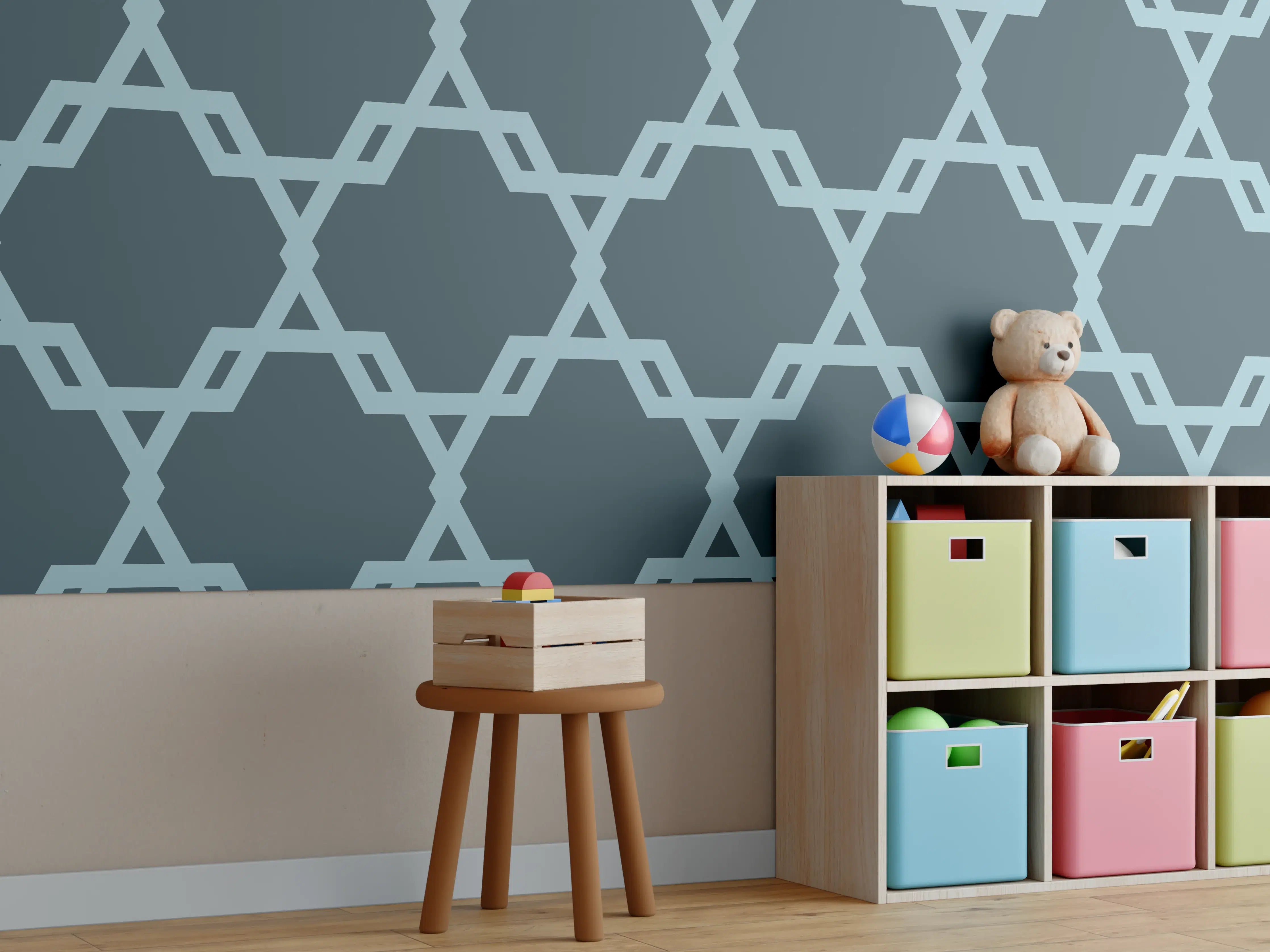 Kinderzimmer Wandgestaltung - Geometrisches Blaugrau Muster