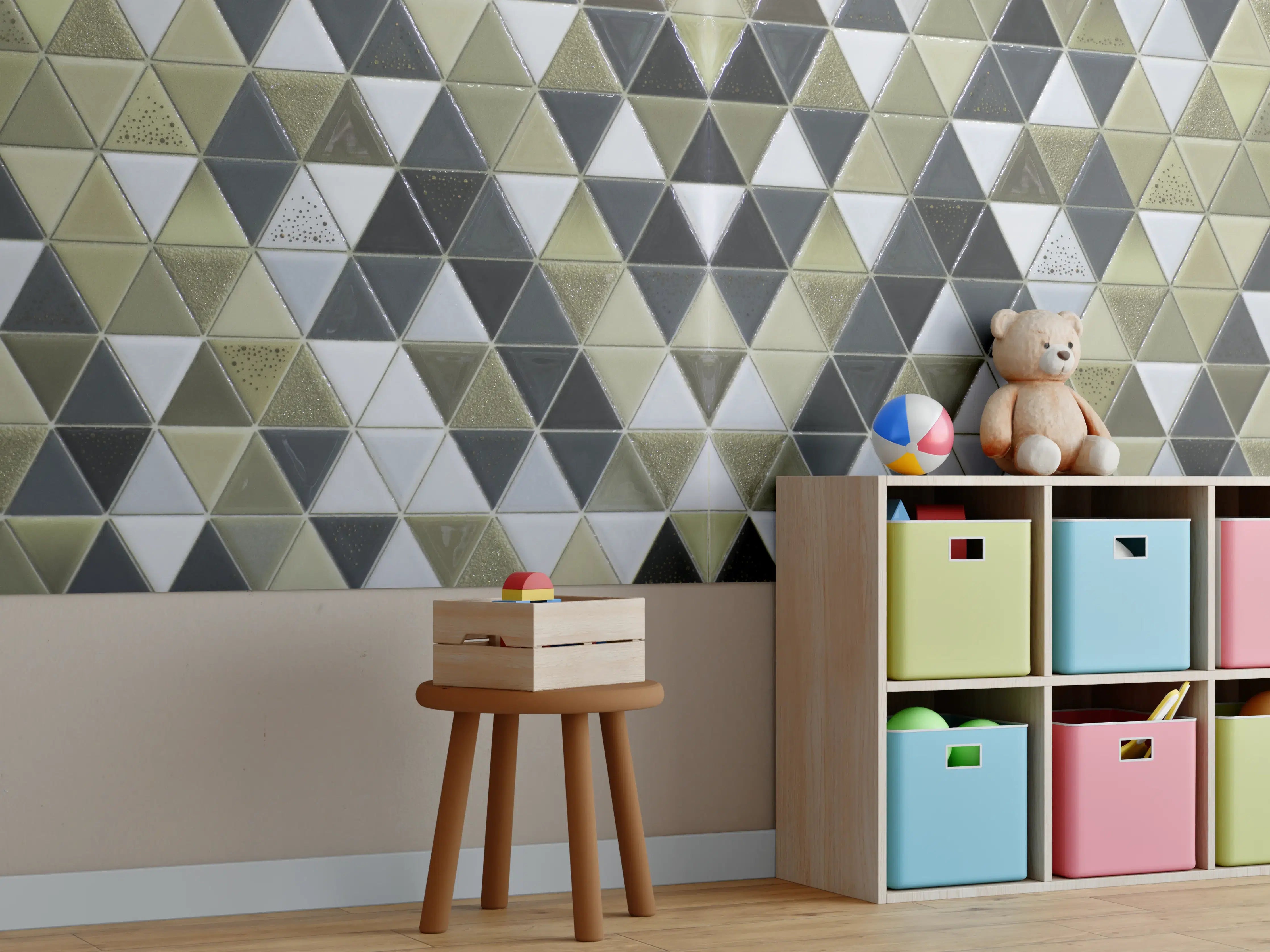 Kinderzimmer Wandgestaltung - Geometrisches Fliesenmuster Schwarz Weiß Gold
