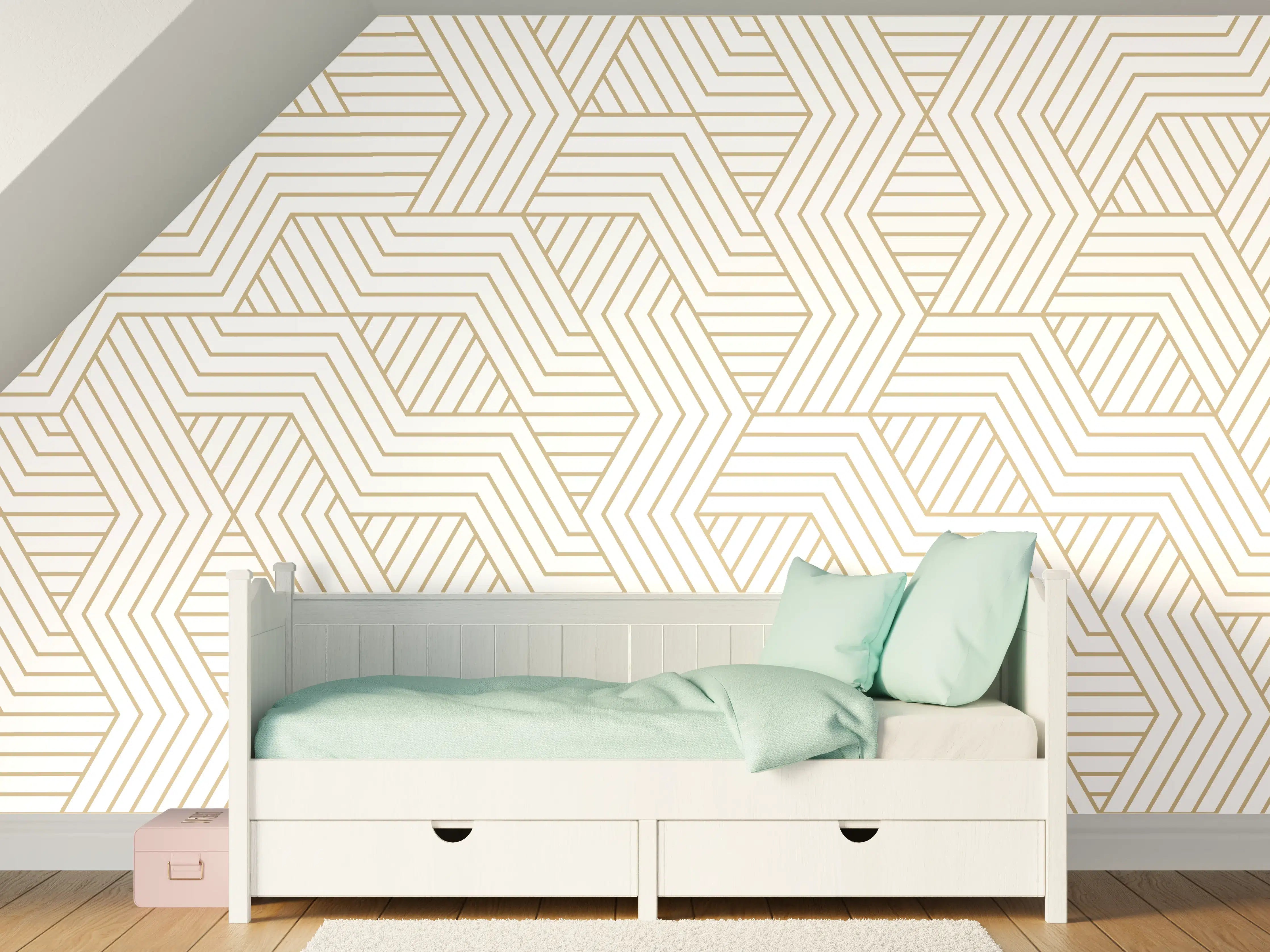 Kinderzimmer Wandgestaltung - Geometrisches Gold-Weiß Muster