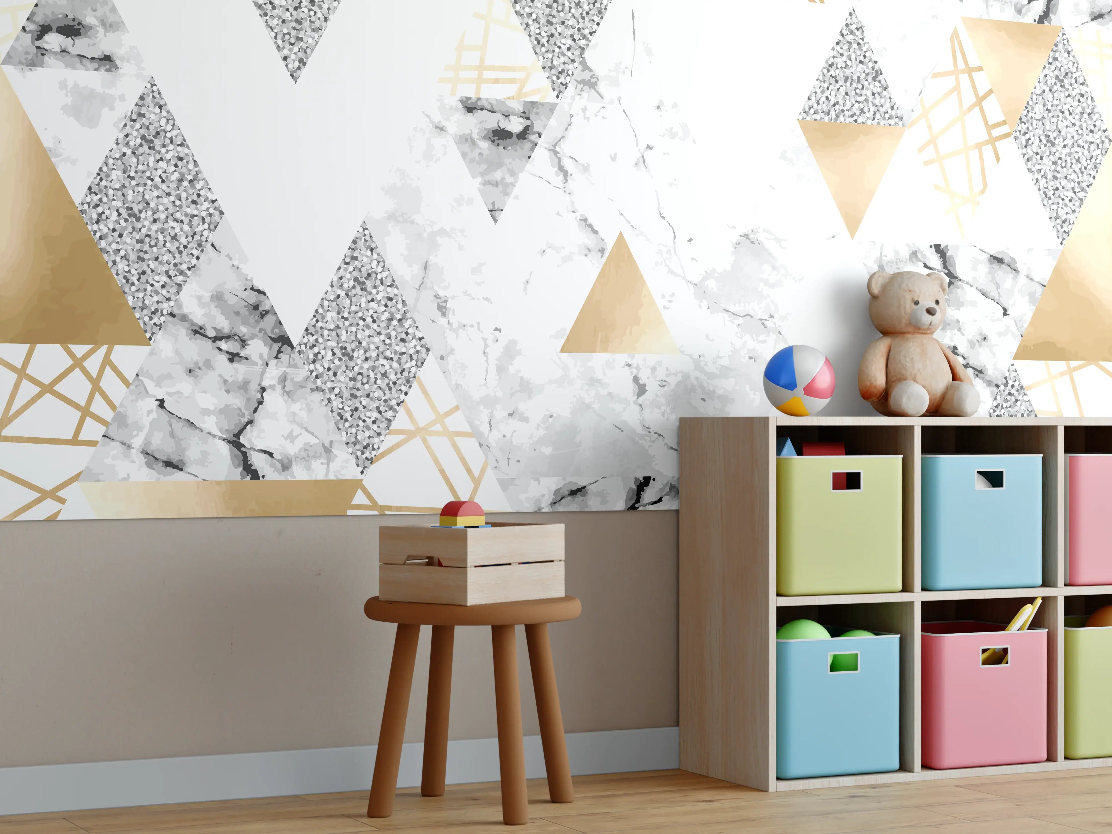 Kinderzimmer Wandgestaltung - Geometrisches Muster Gold Weiß Grau