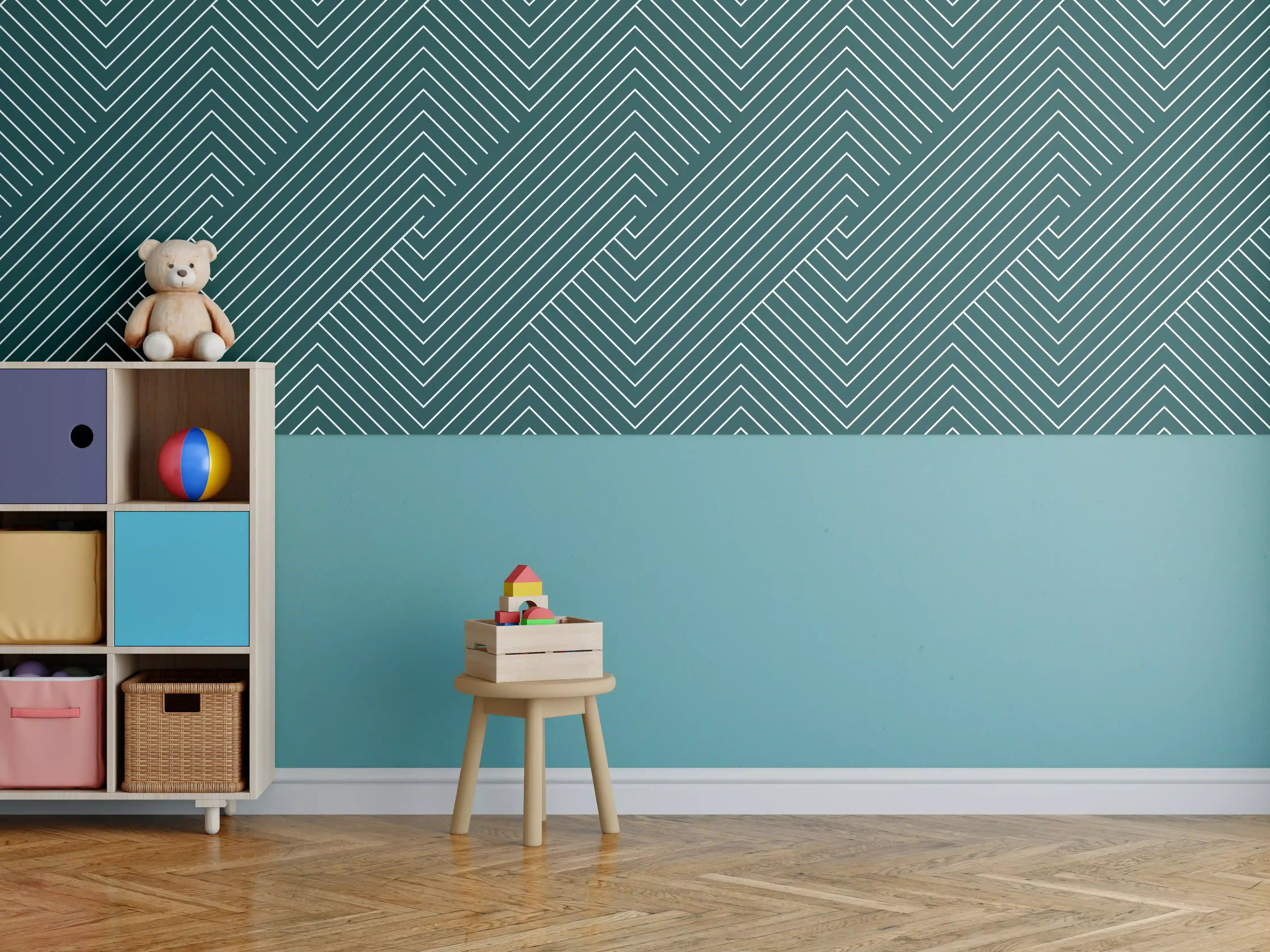 Kinderzimmer Wandgestaltung - Geometrisches Petrol-Türkis-Muster