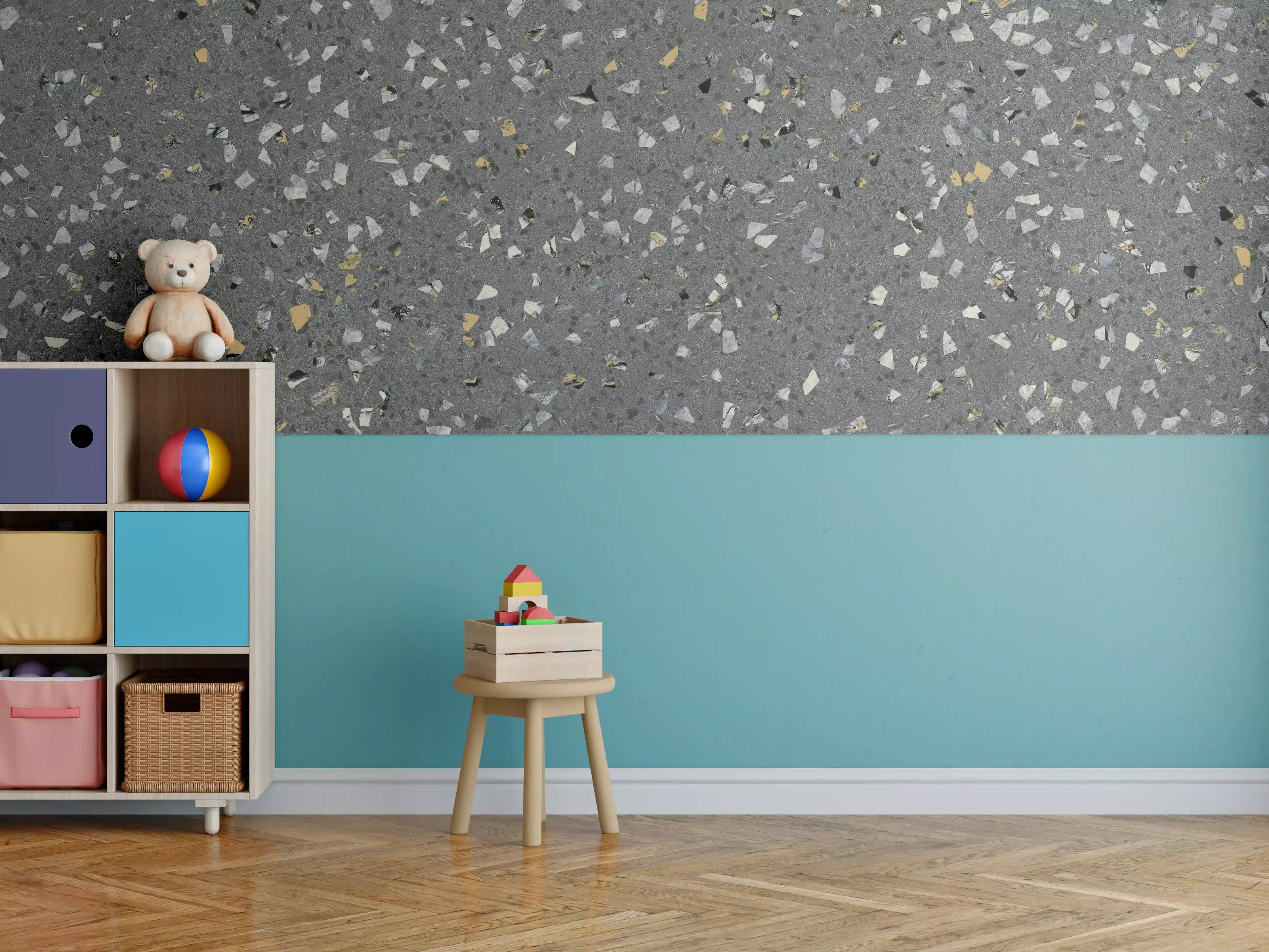 Kinderzimmer Wandgestaltung - Glatte graue Oberfläche mit bunten Chips