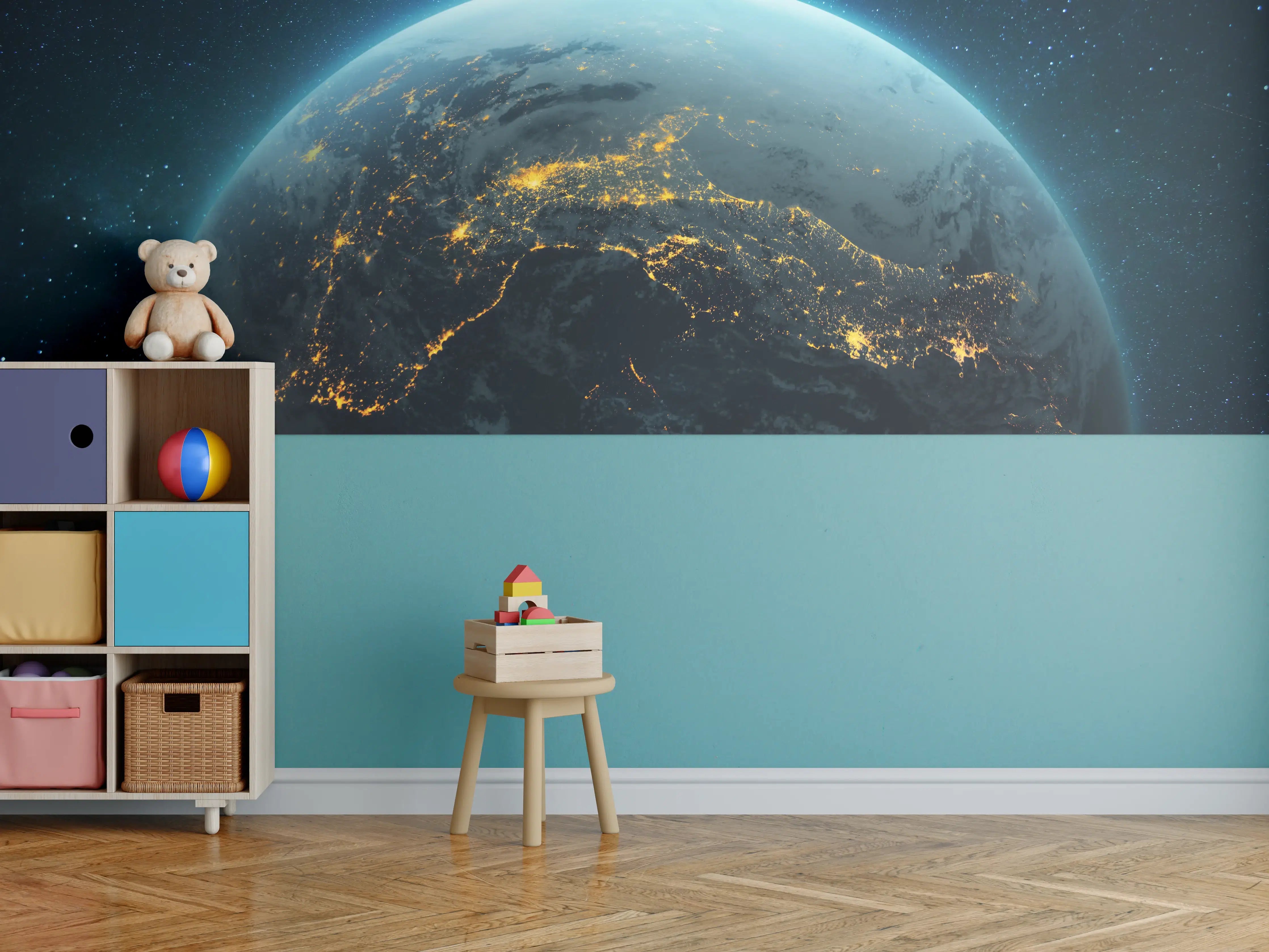 Kinderzimmer Wandgestaltung - Globus mit nächtlichen gelben Lichtern der Megastädte