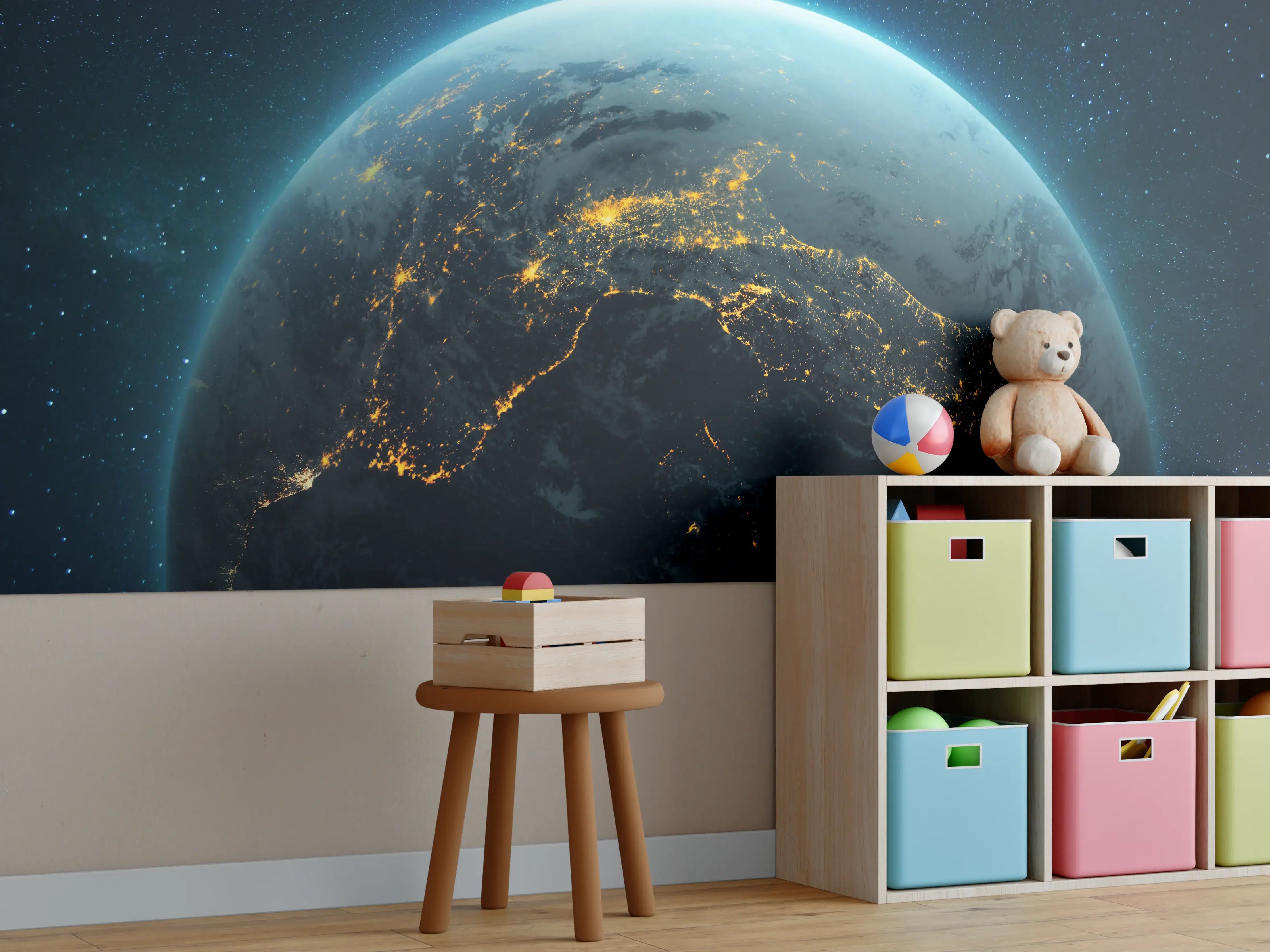 Kinderzimmer Wandgestaltung - Globus mit nächtlichen gelben Lichtern der Megastädte