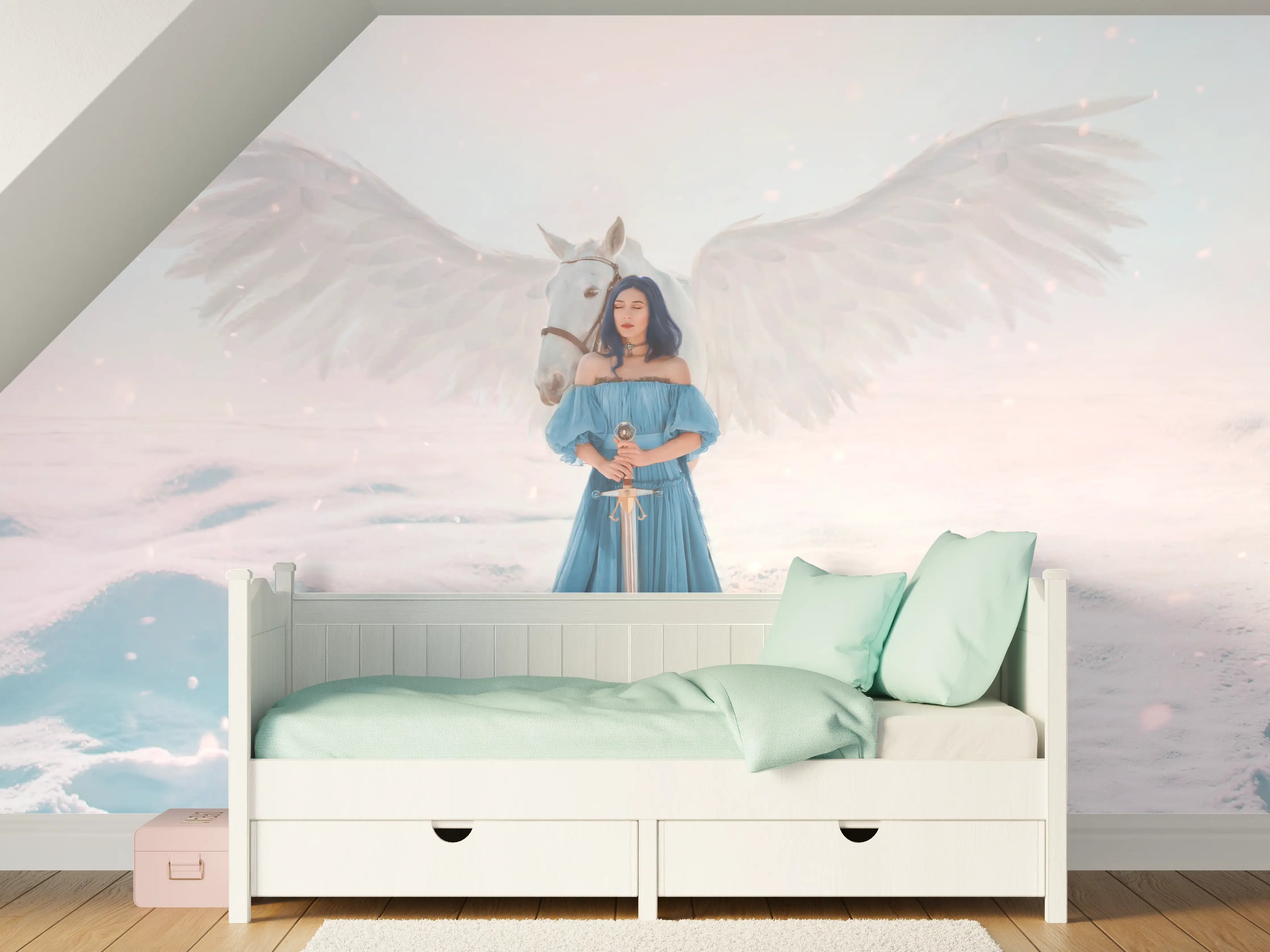 Kinderzimmer Wandgestaltung - Göttin des Friedens & Gerechtigkeit mit weißem Pegasus