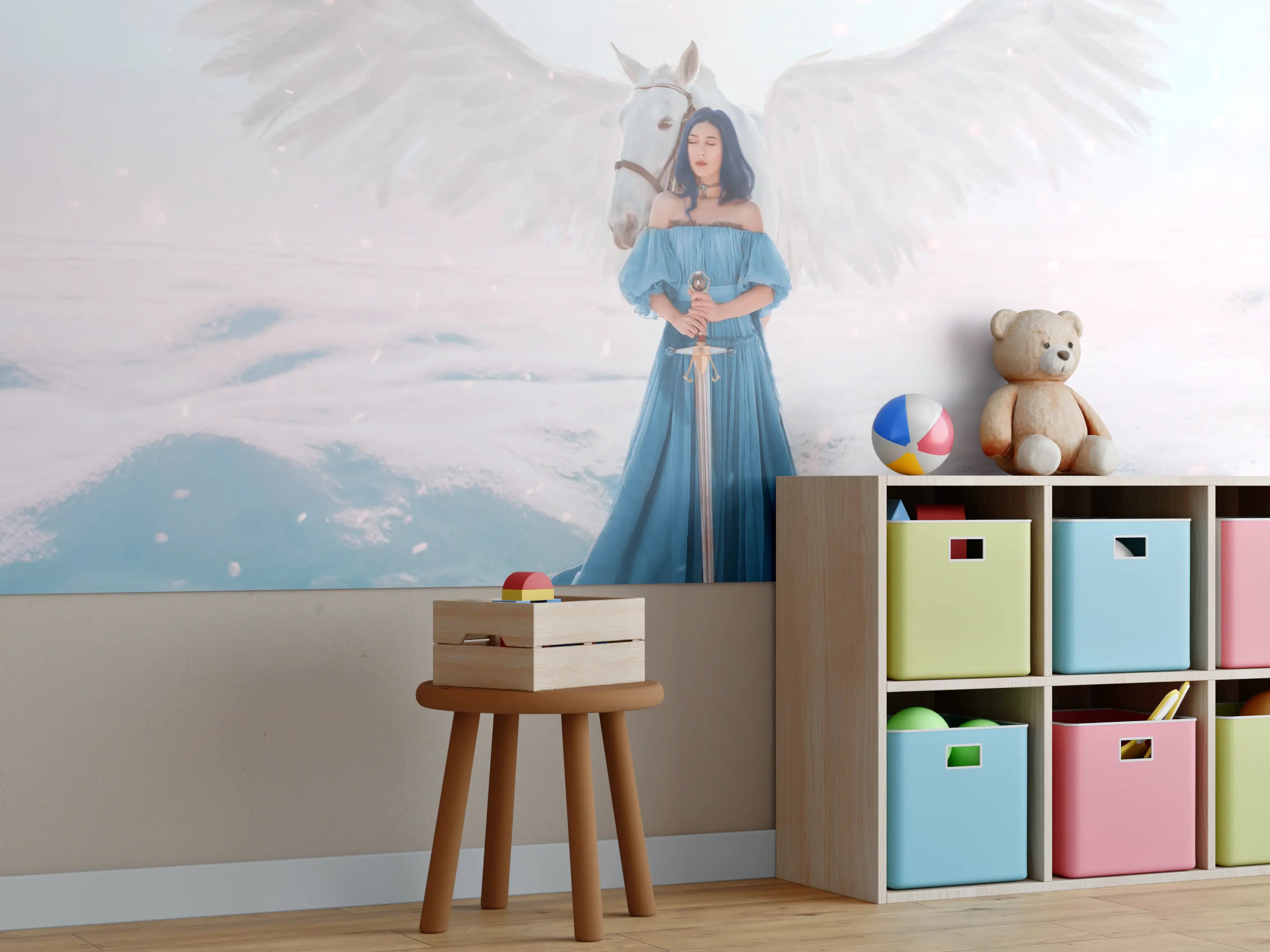 Kinderzimmer Wandgestaltung - Göttin des Friedens & Gerechtigkeit mit weißem Pegasus