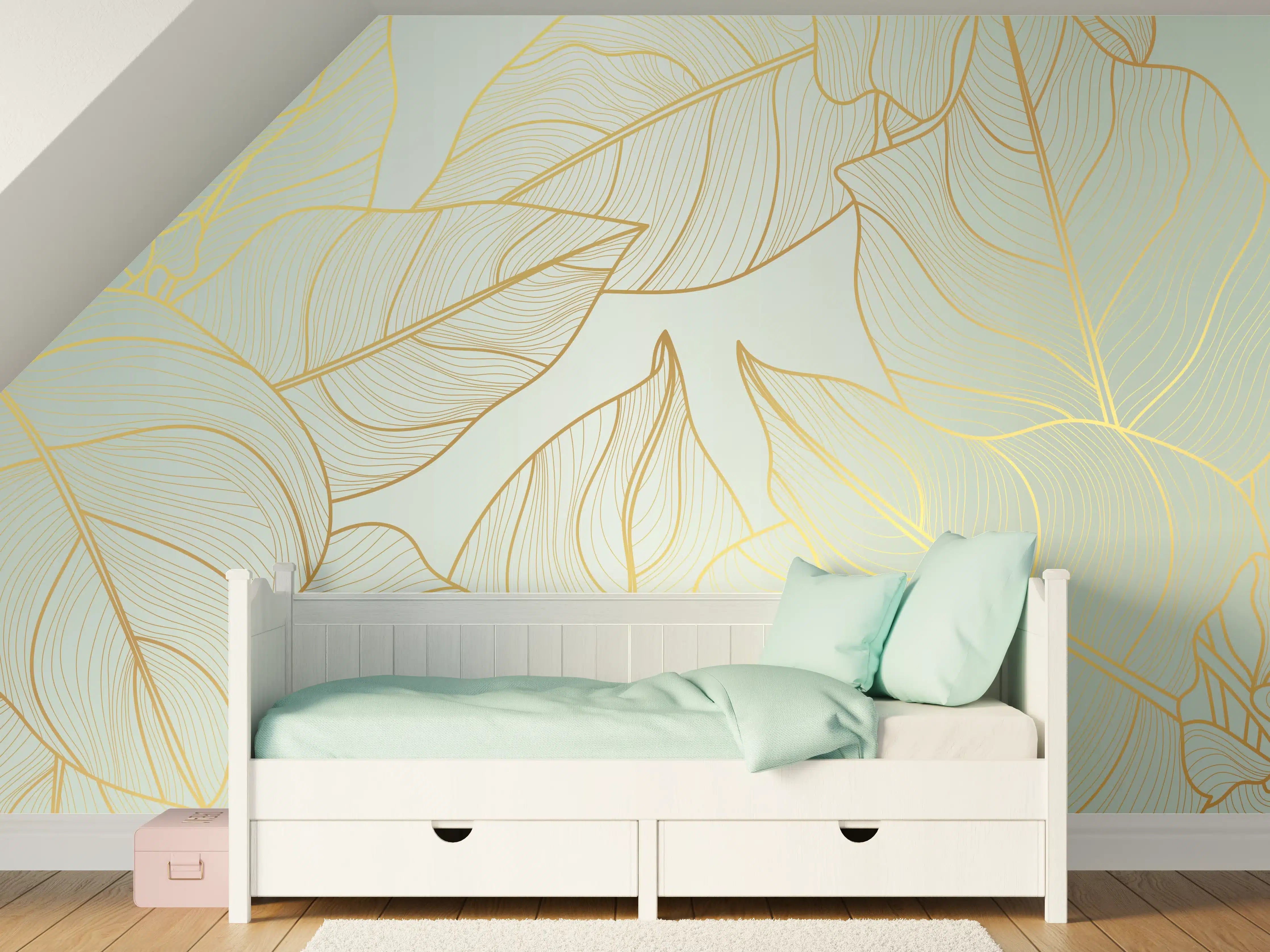 Kinderzimmer Wandgestaltung - Gold-Beige Laub Design