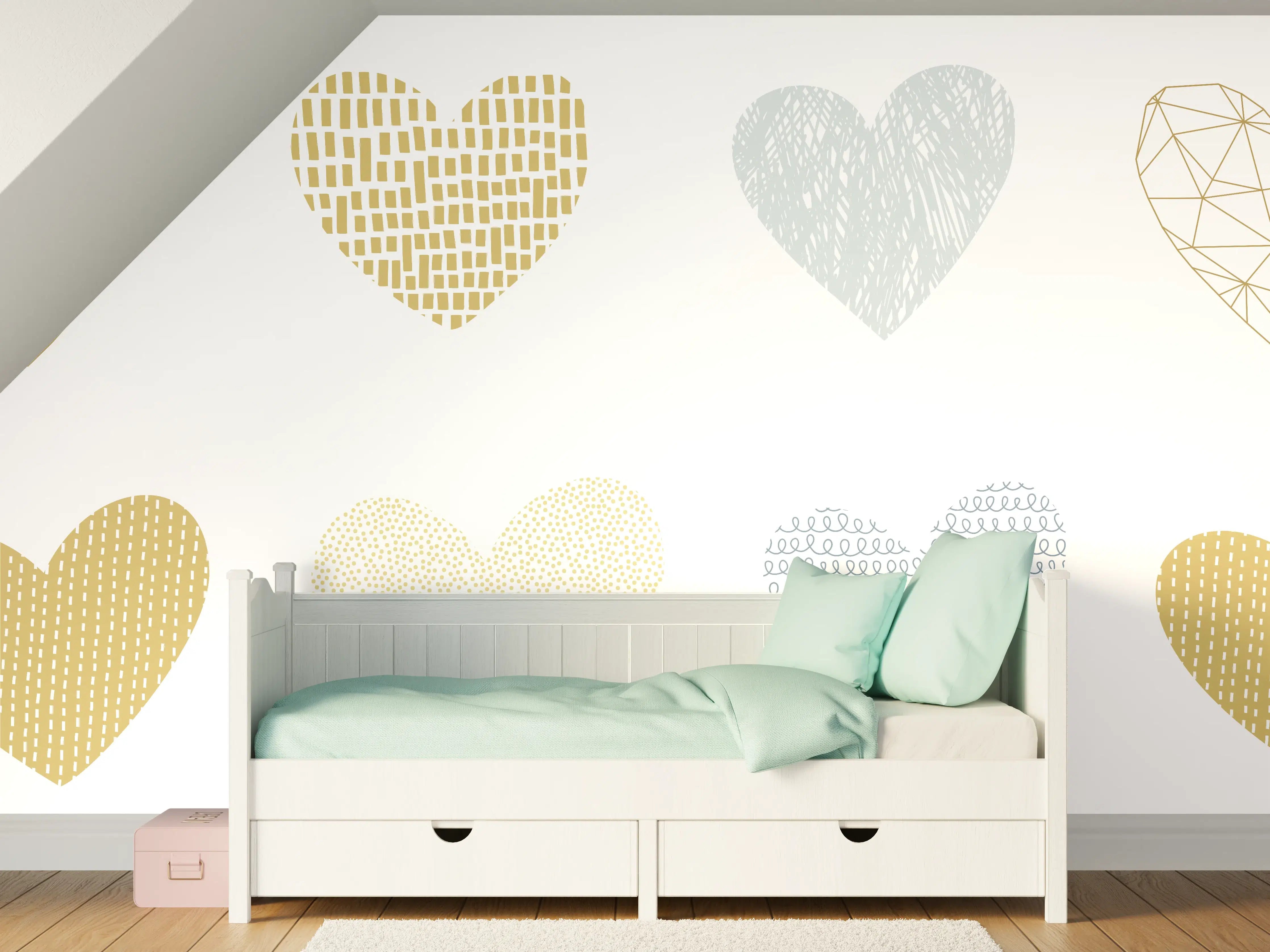 Kinderzimmer Wandgestaltung - Gold-Grau Herz-Muster Design
