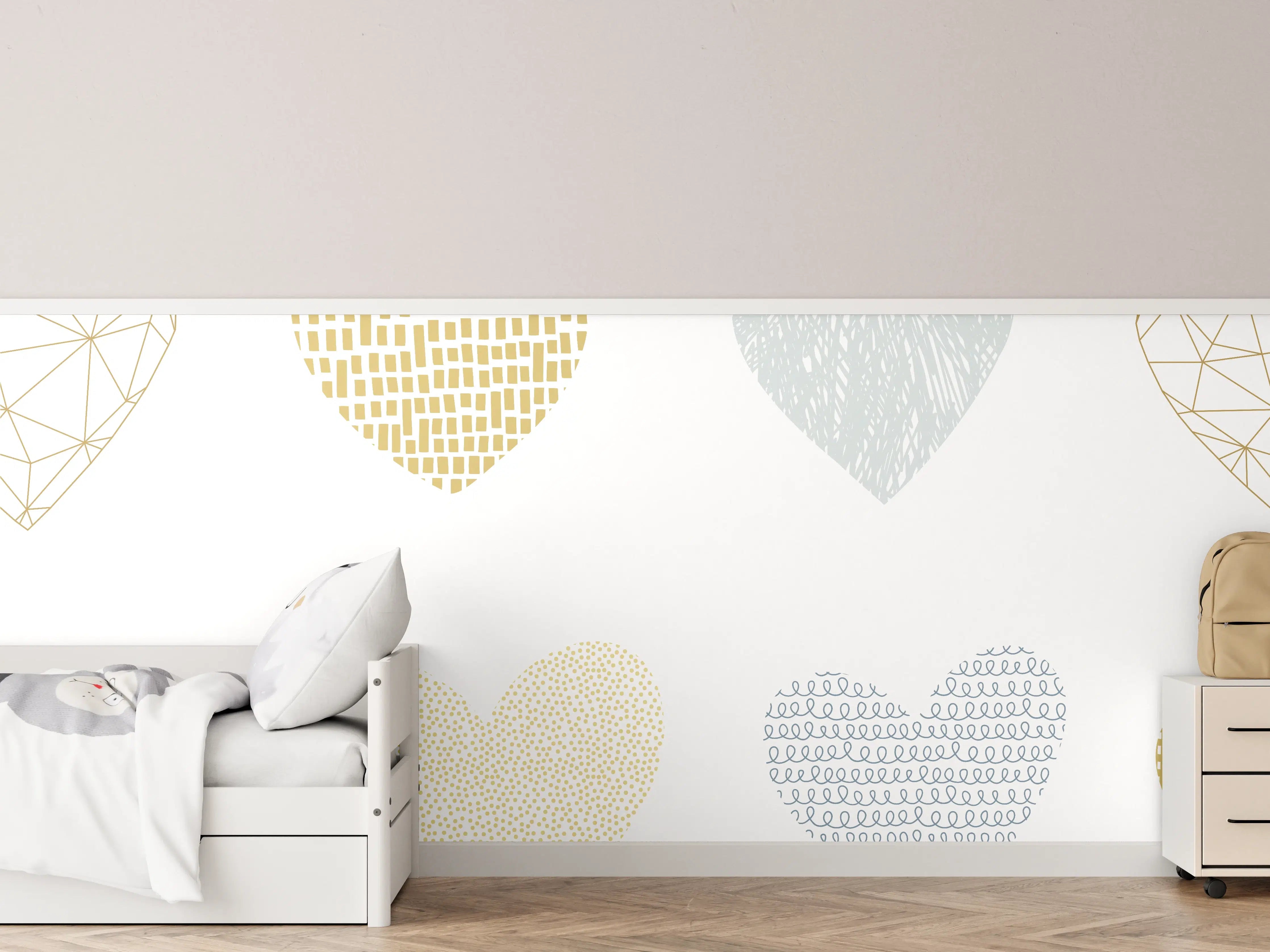 Kinderzimmer Wandgestaltung - Gold-Grau Herz-Muster Design