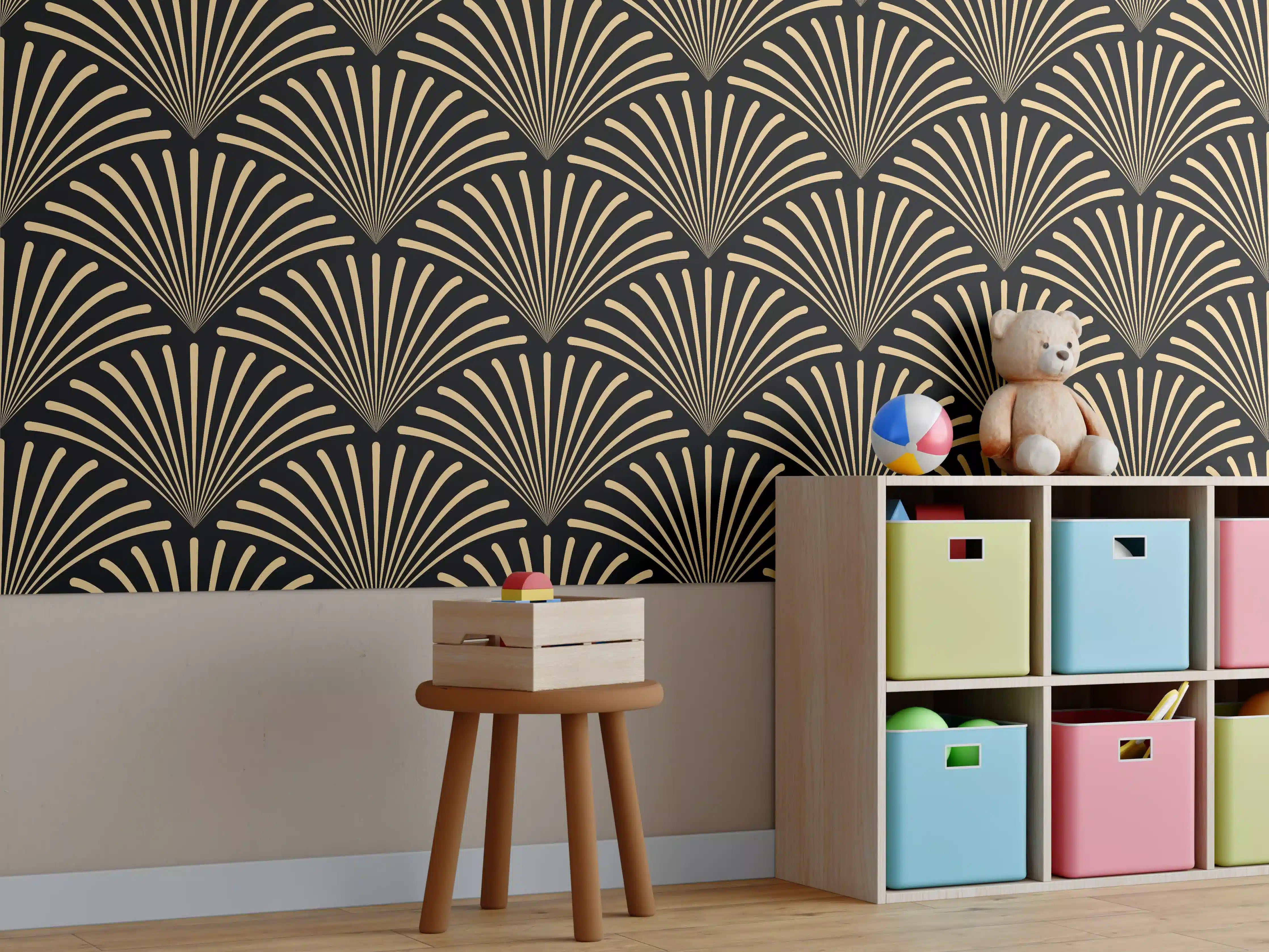 Kinderzimmer Wandgestaltung - Gold-Schwarz Art Déco Muster