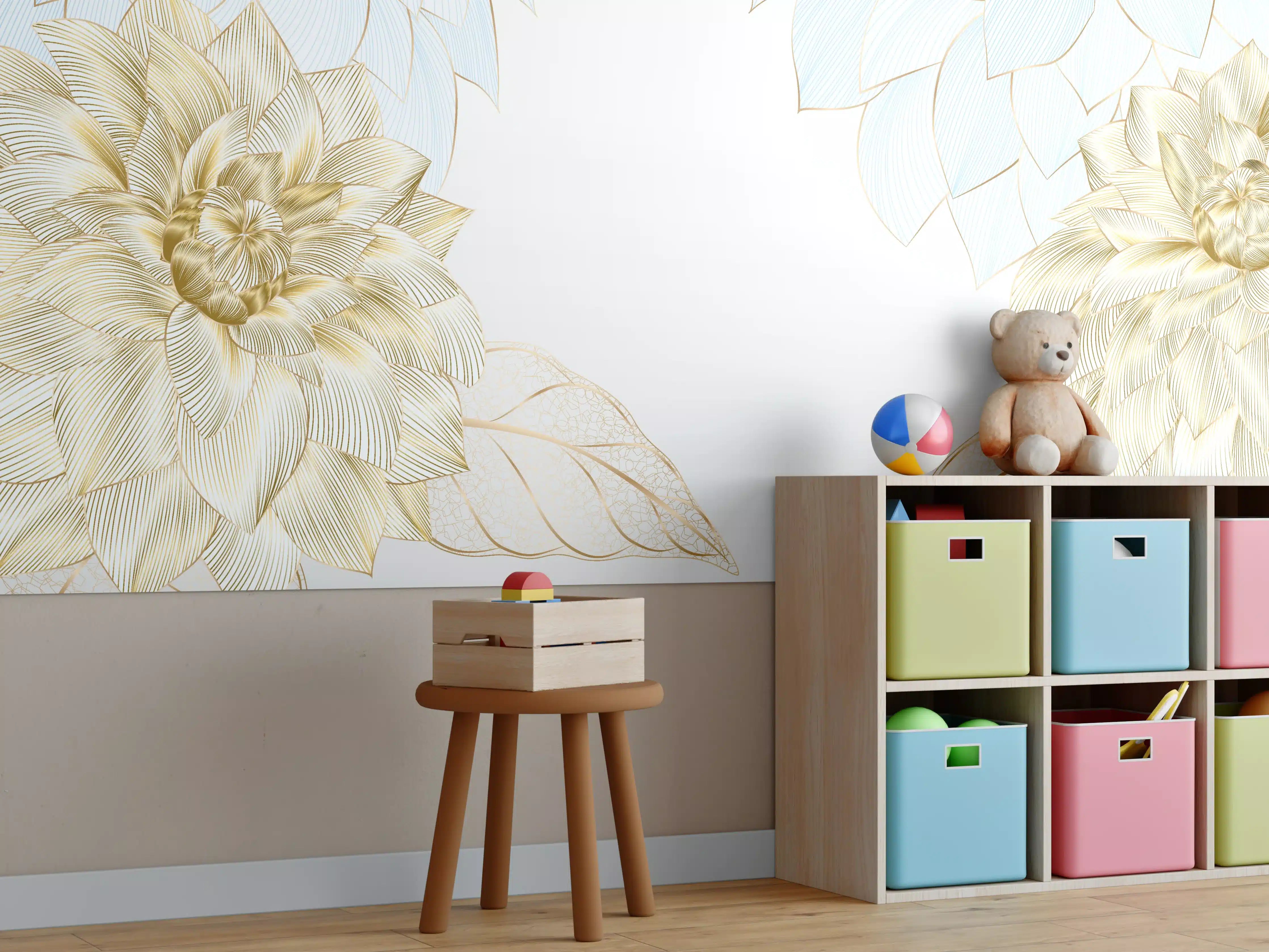 Kinderzimmer Wandgestaltung - Gold-Weiß Floral Design