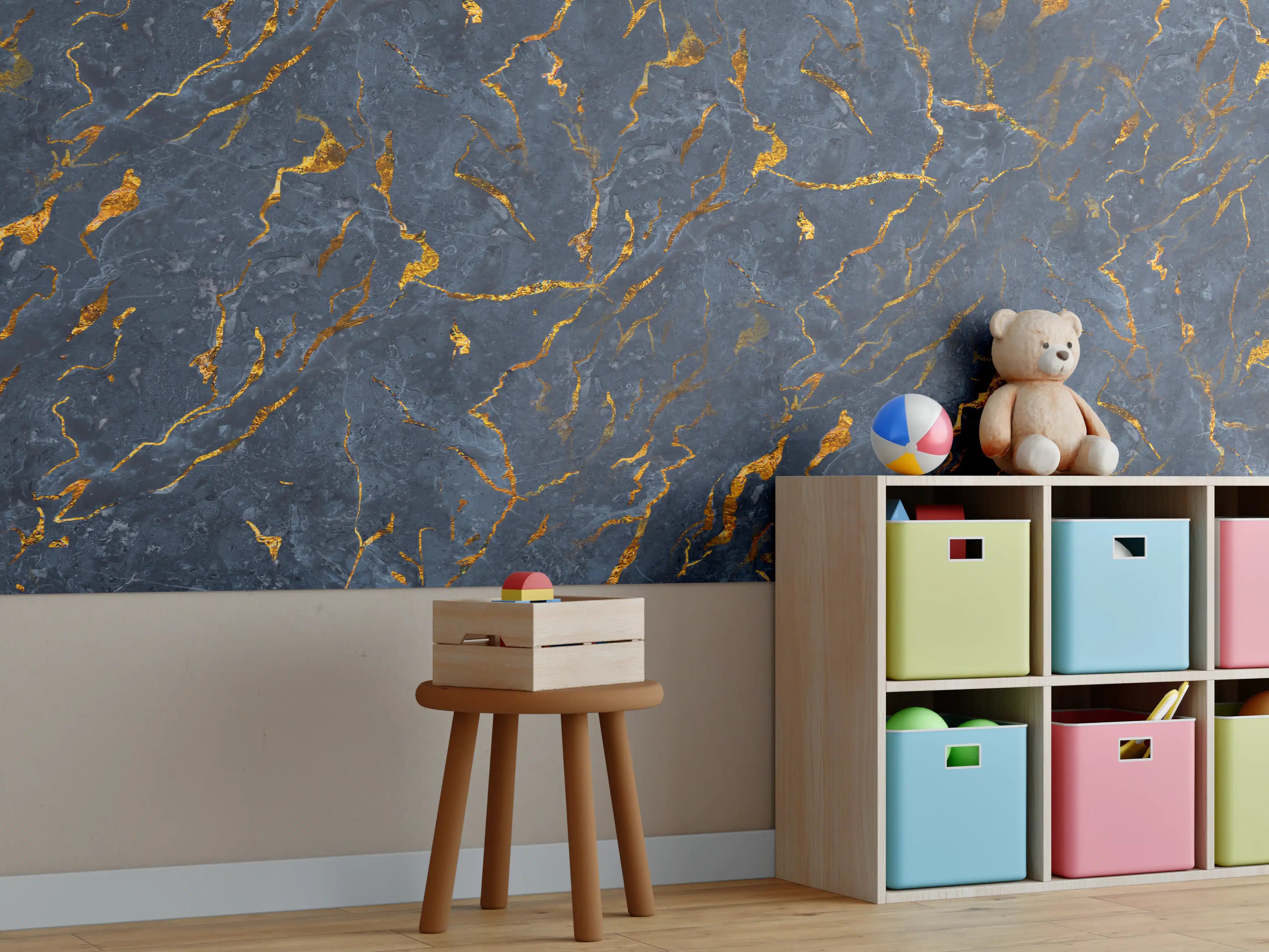 Kinderzimmer Wandgestaltung - Goldene Adern auf dunklem Marmor