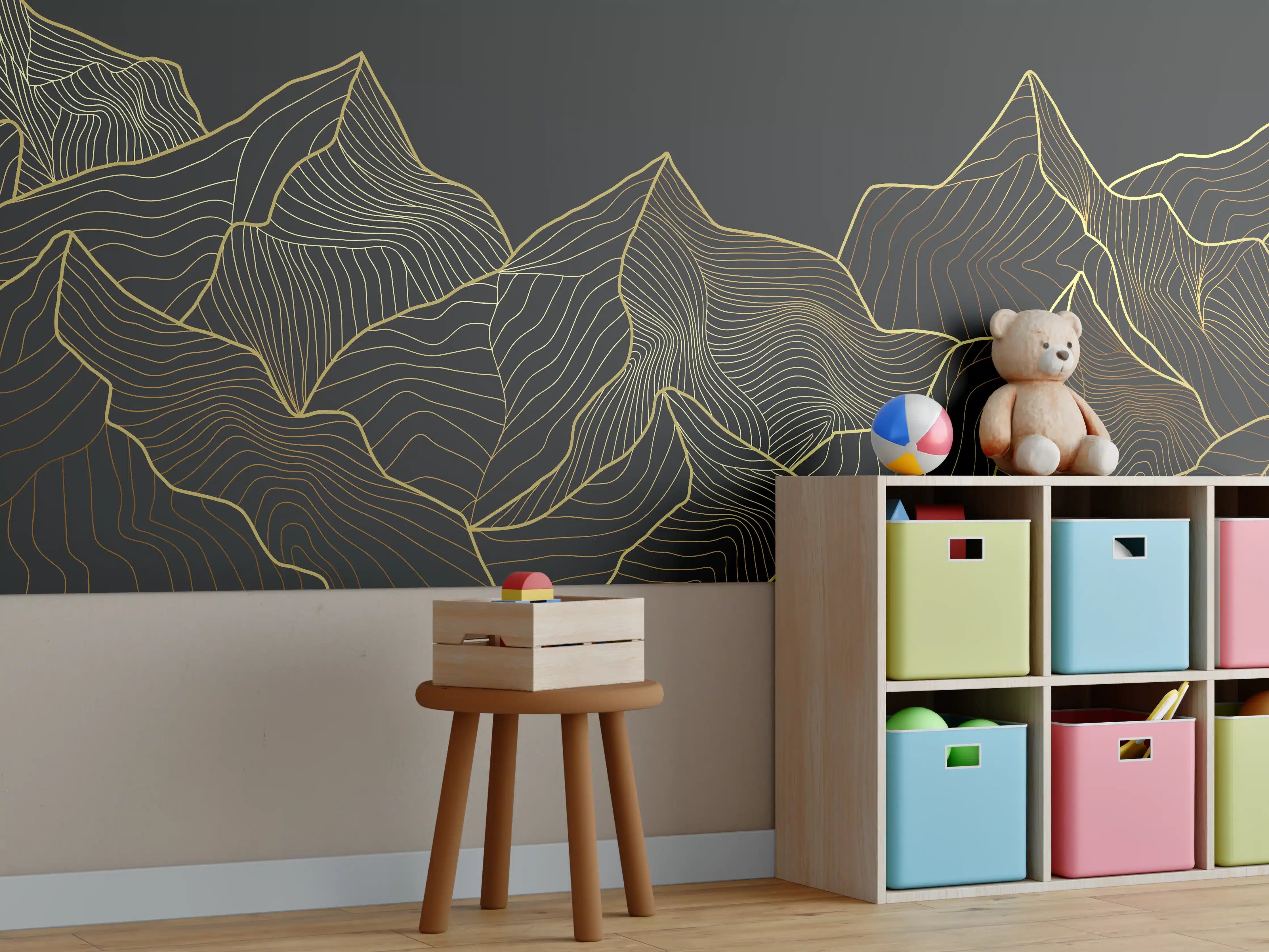 Kinderzimmer Wandgestaltung - Goldene Berglinien auf Schwarz