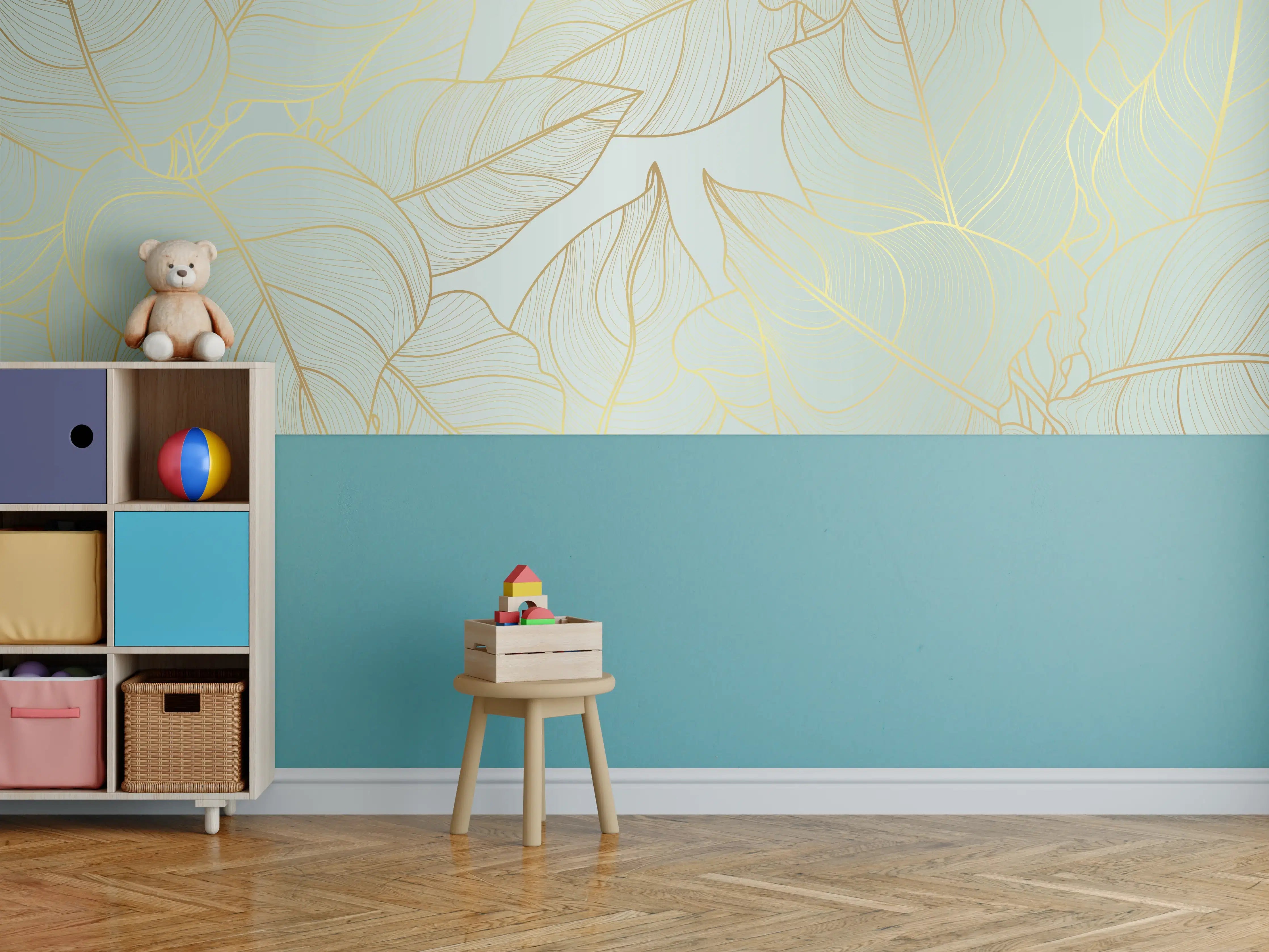 Kinderzimmer Wandgestaltung - Goldene Blätter auf Hellgelb