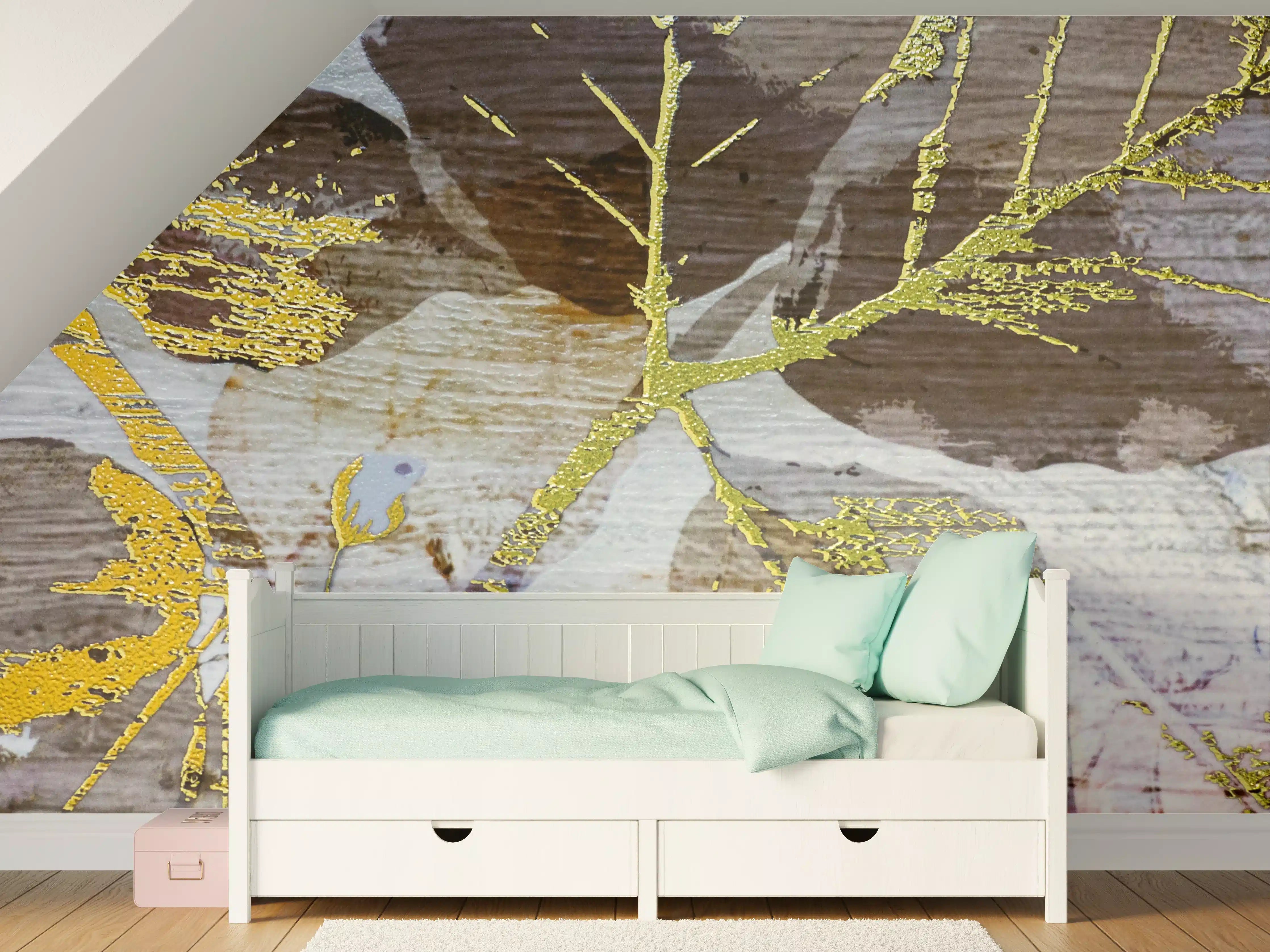 Kinderzimmer Wandgestaltung - Goldene Blätter im Naturdesign