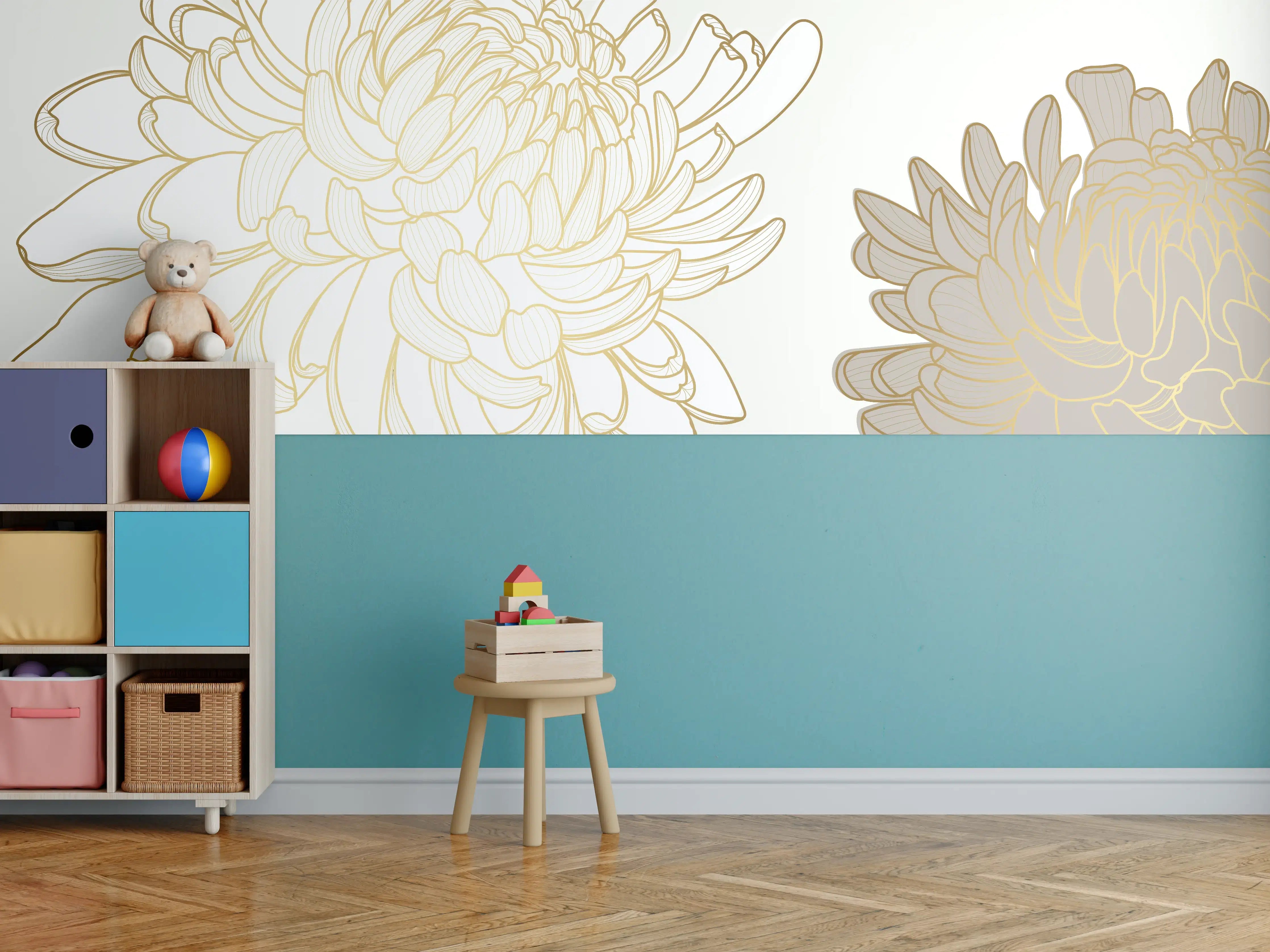 Kinderzimmer Wandgestaltung - Goldene Blüten Illustration