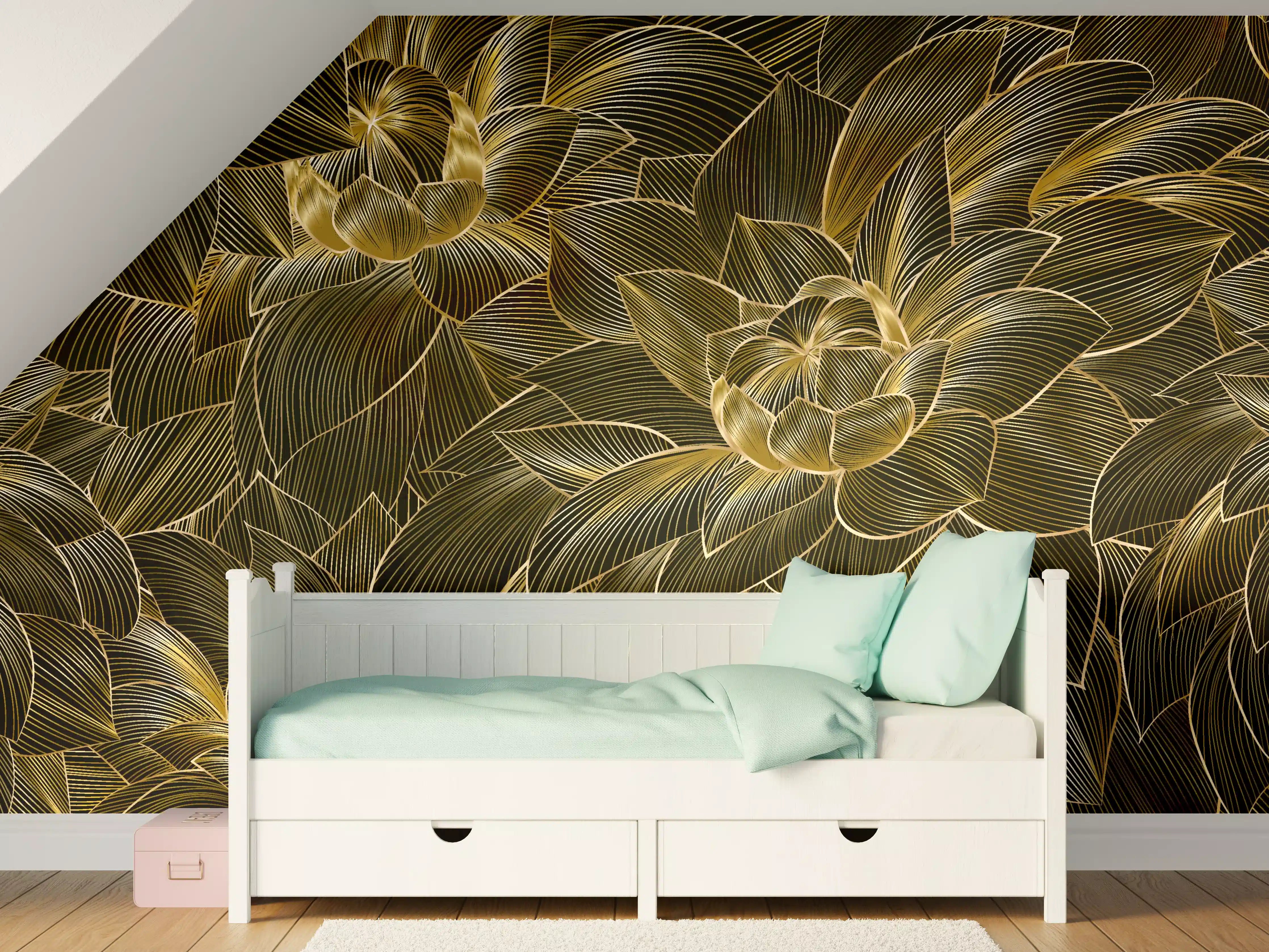 Kinderzimmer Wandgestaltung - Goldene Blütenmuster Tapete