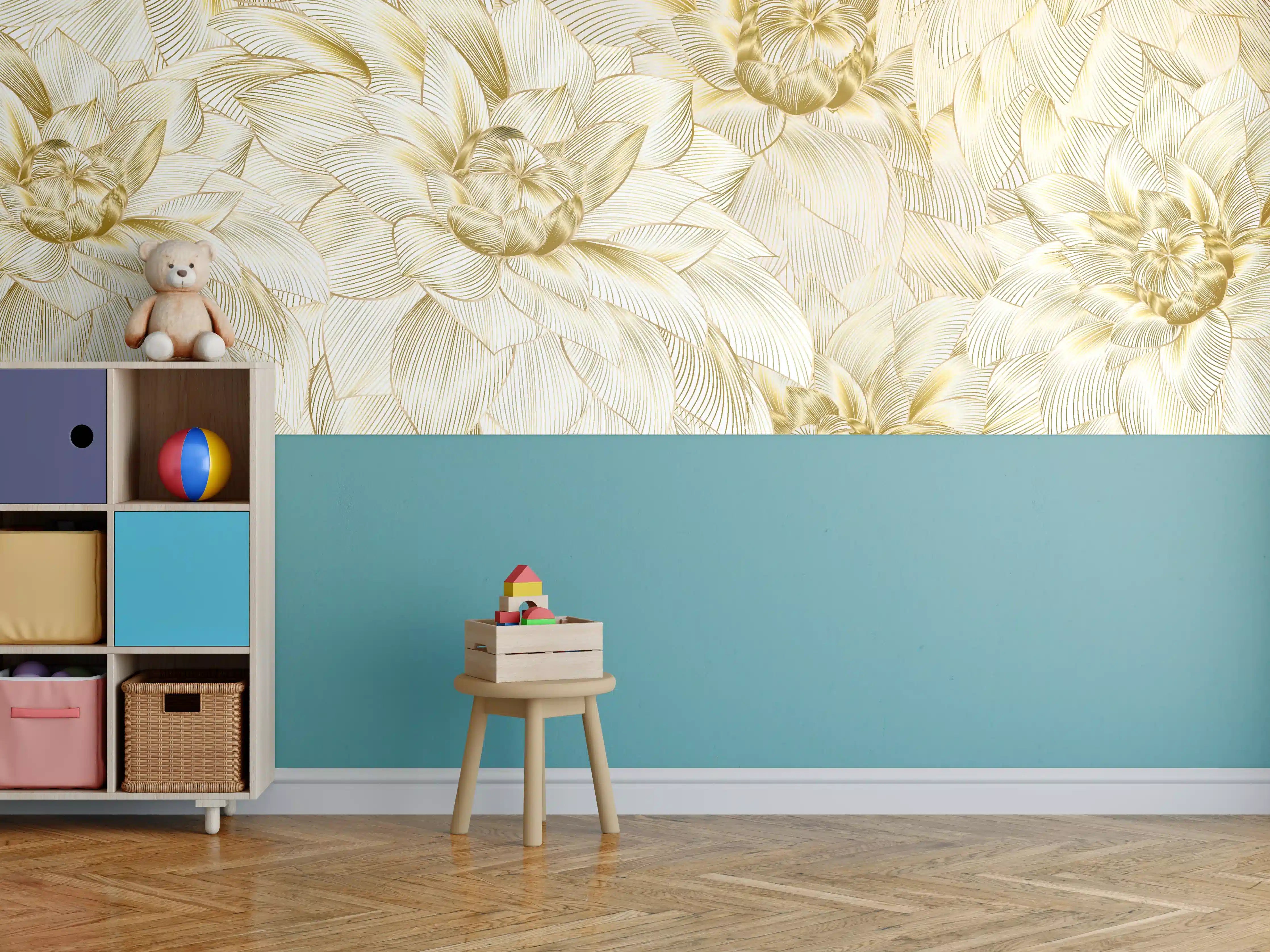 Kinderzimmer Wandgestaltung - Goldene Blumenmuster mit zarten Linien