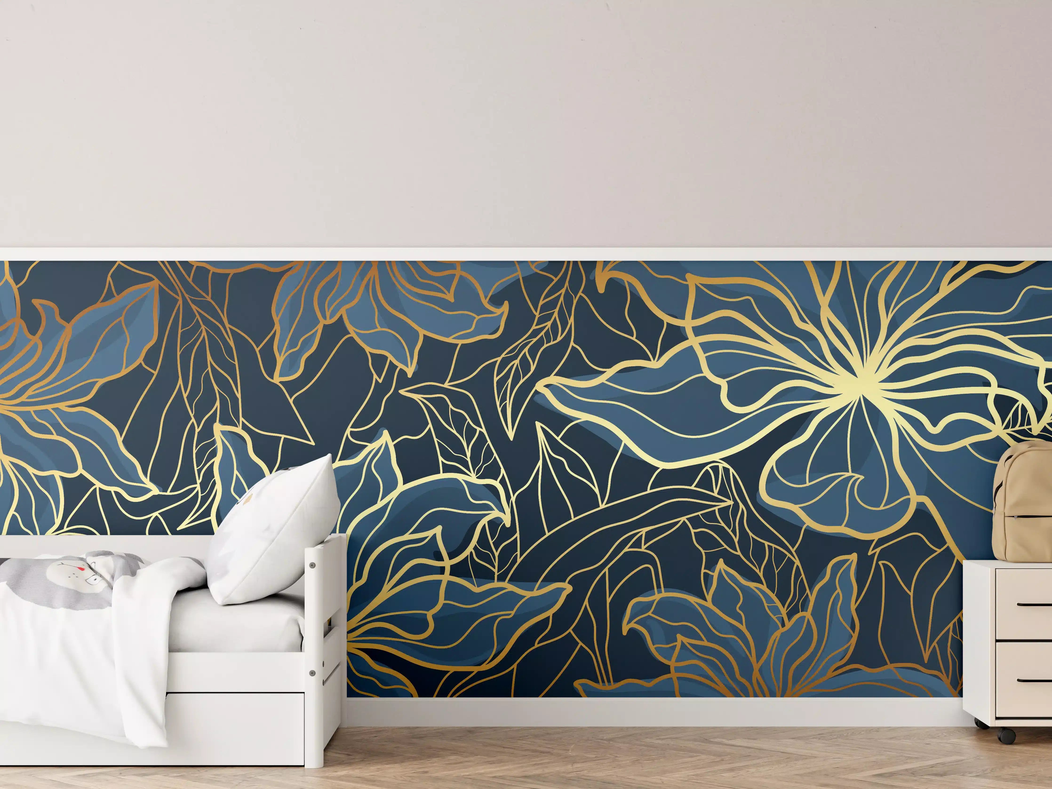 Kinderzimmer Wandgestaltung - Goldene Blumenranken auf Dunkelblau