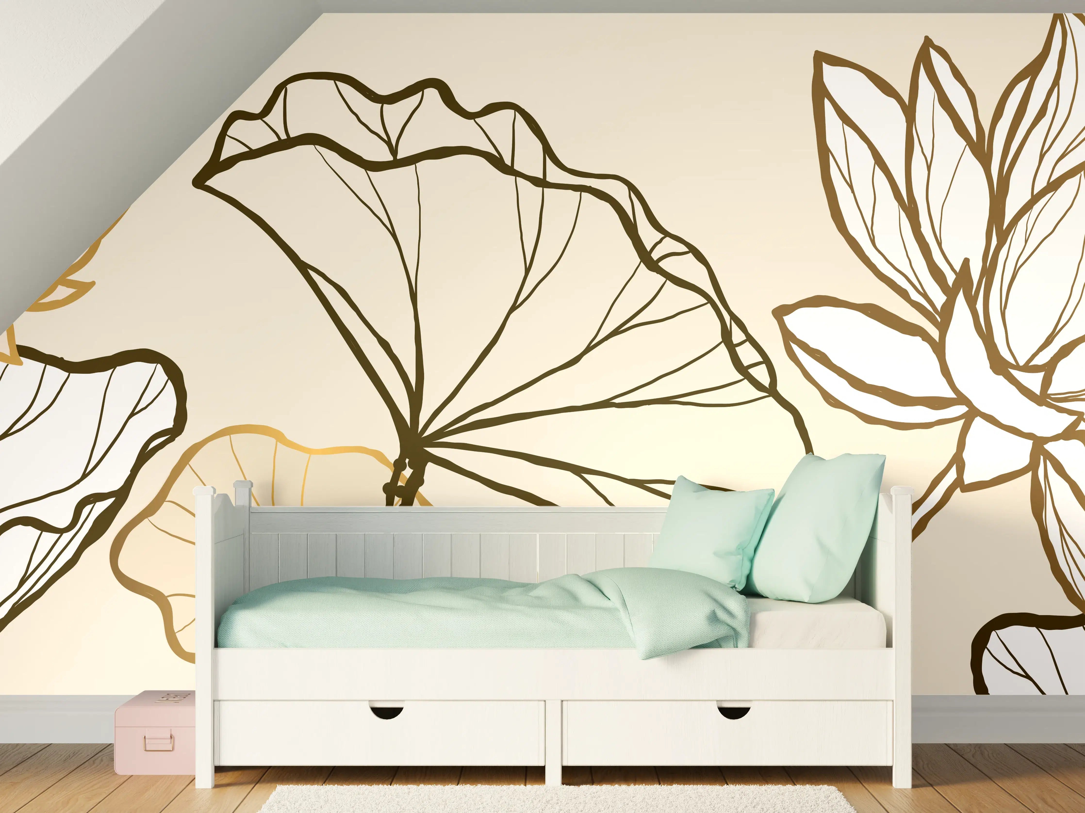 Kinderzimmer Wandgestaltung - Goldene Botanik Lineart Illustration