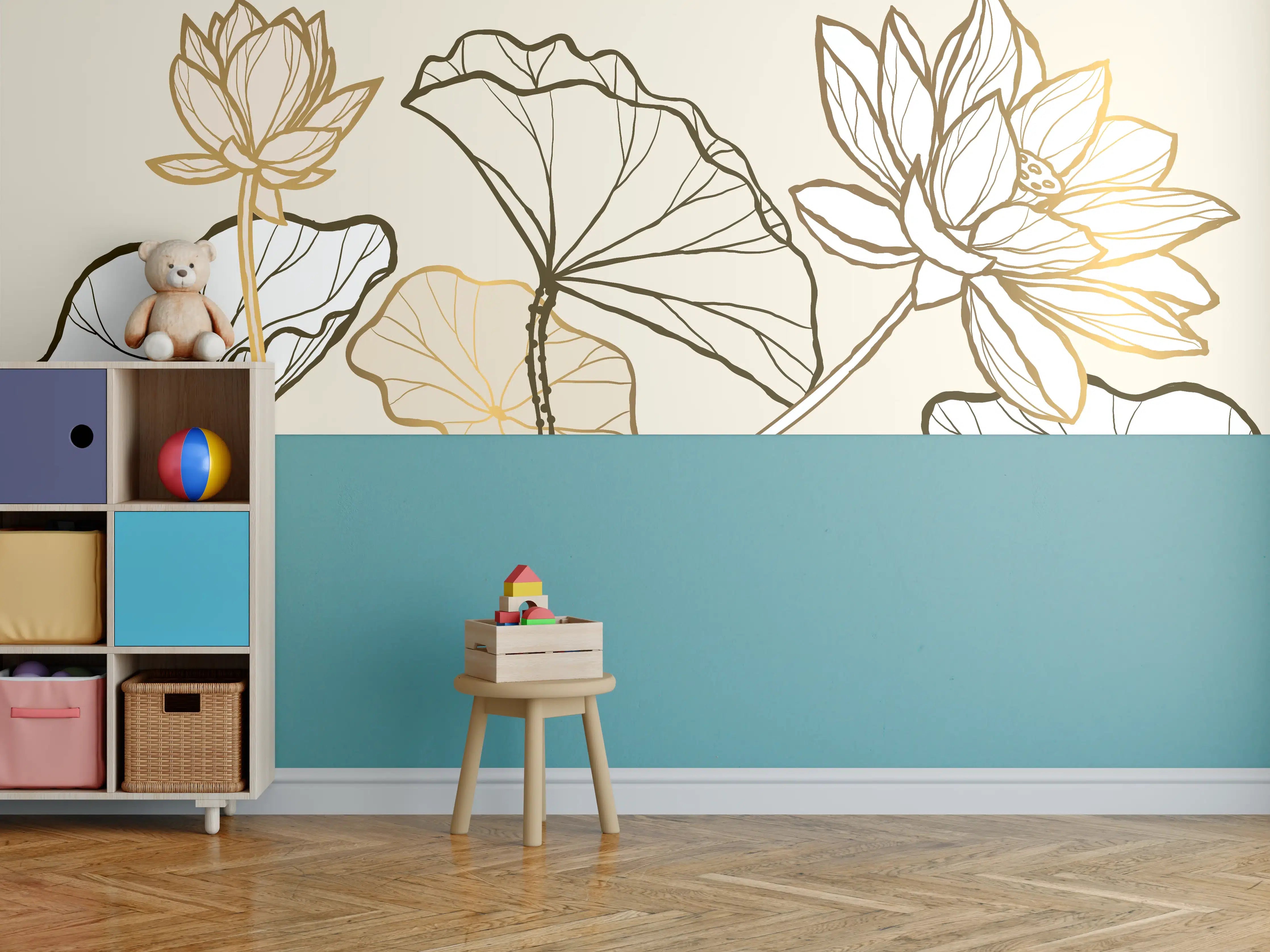 Kinderzimmer Wandgestaltung - Goldene Botanik Lineart Illustration