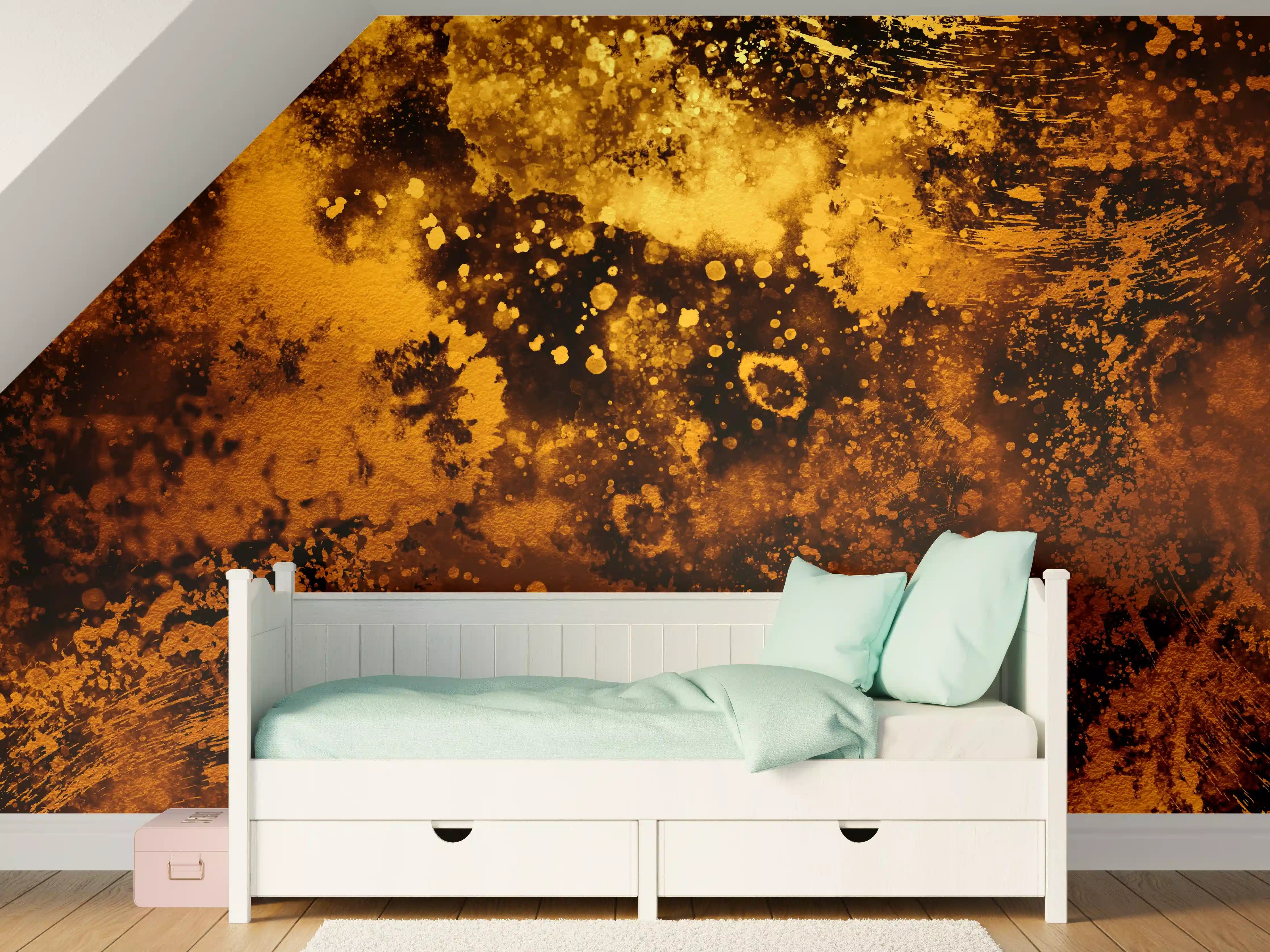 Kinderzimmer Wandgestaltung - Goldene Farbspritzer auf schwarzem Hintergrund