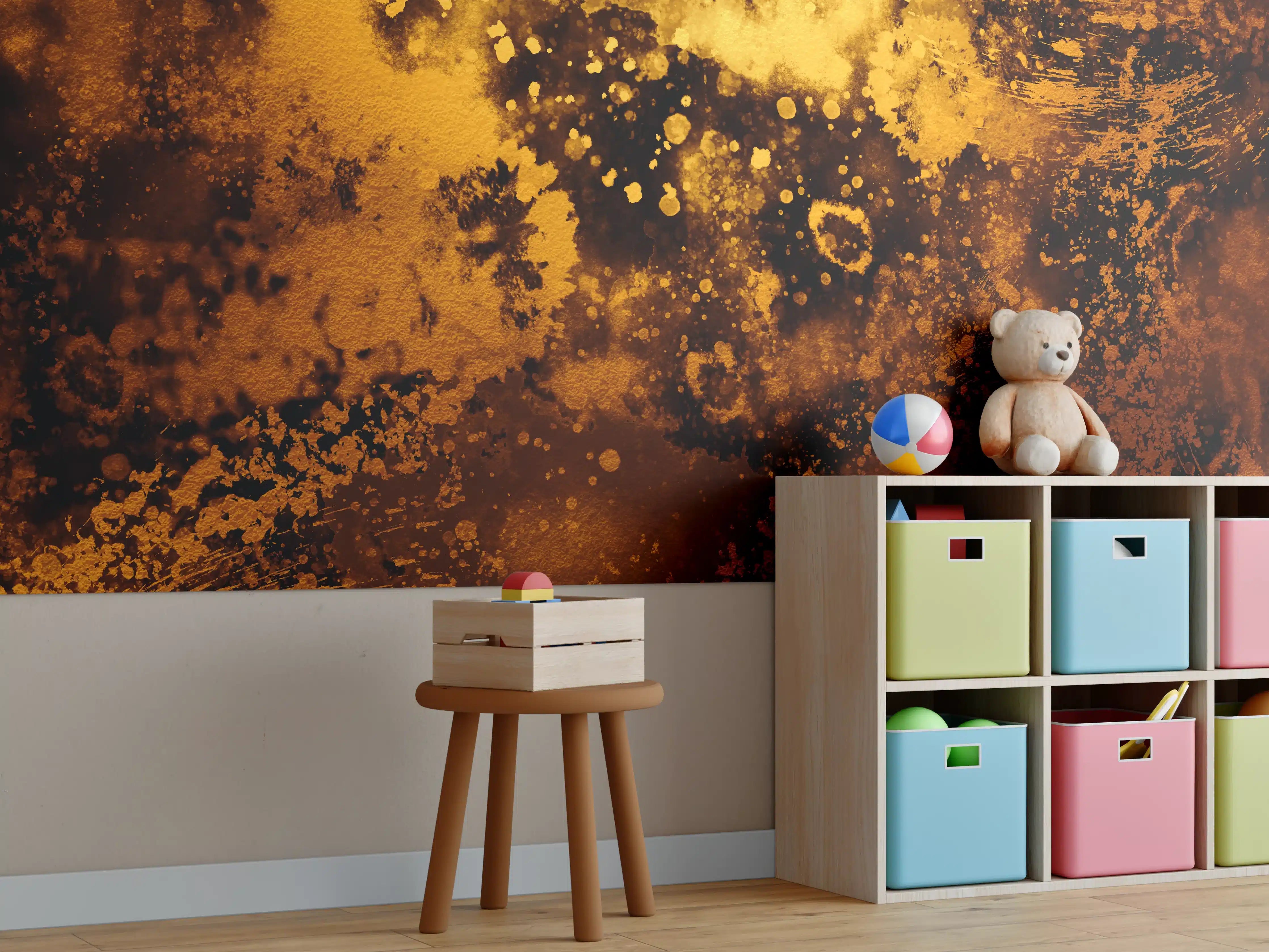 Kinderzimmer Wandgestaltung - Goldene Farbspritzer auf schwarzem Hintergrund