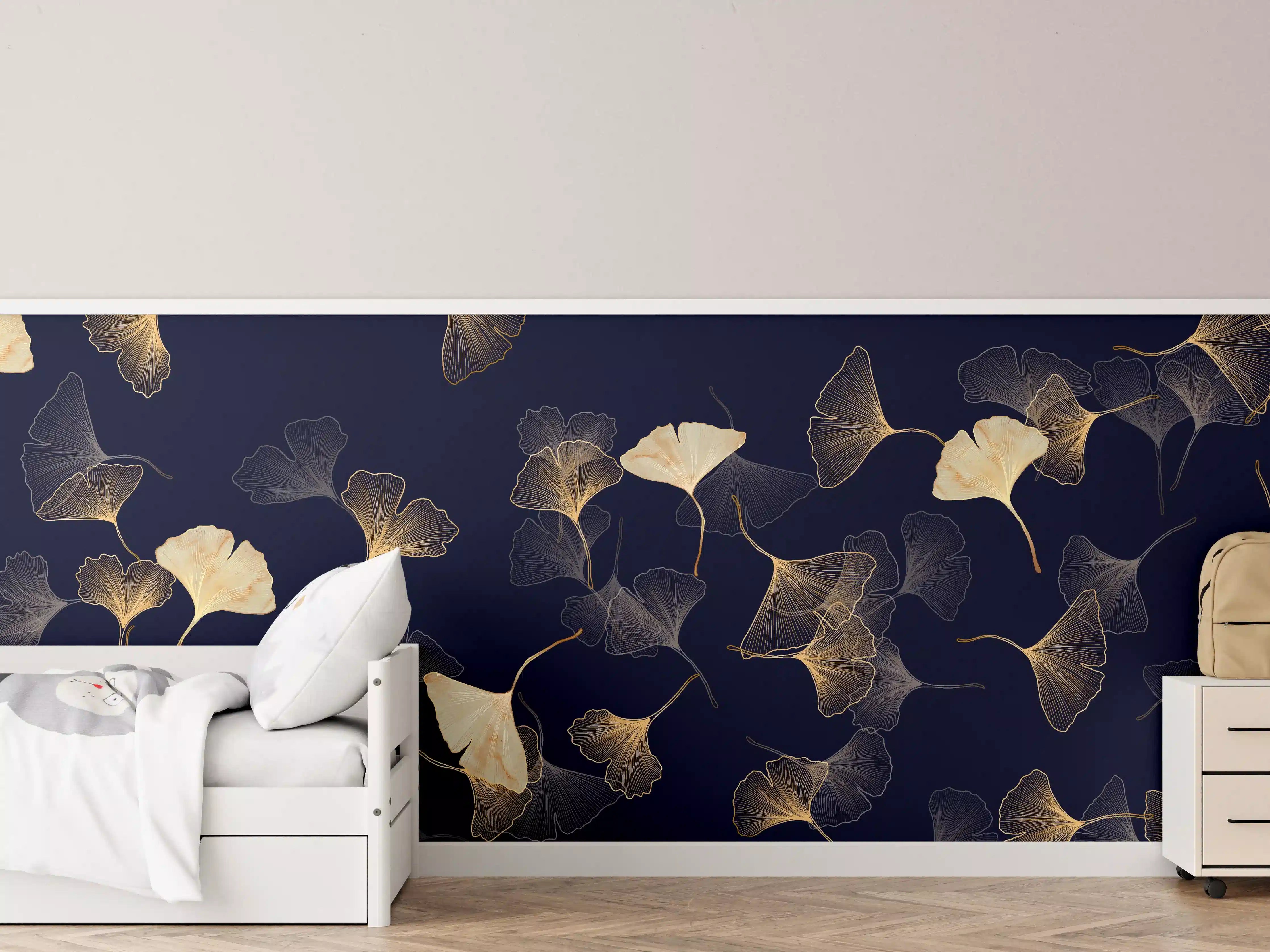 Kinderzimmer Wandgestaltung - Goldene Ginkgo Blatt Design Tapete