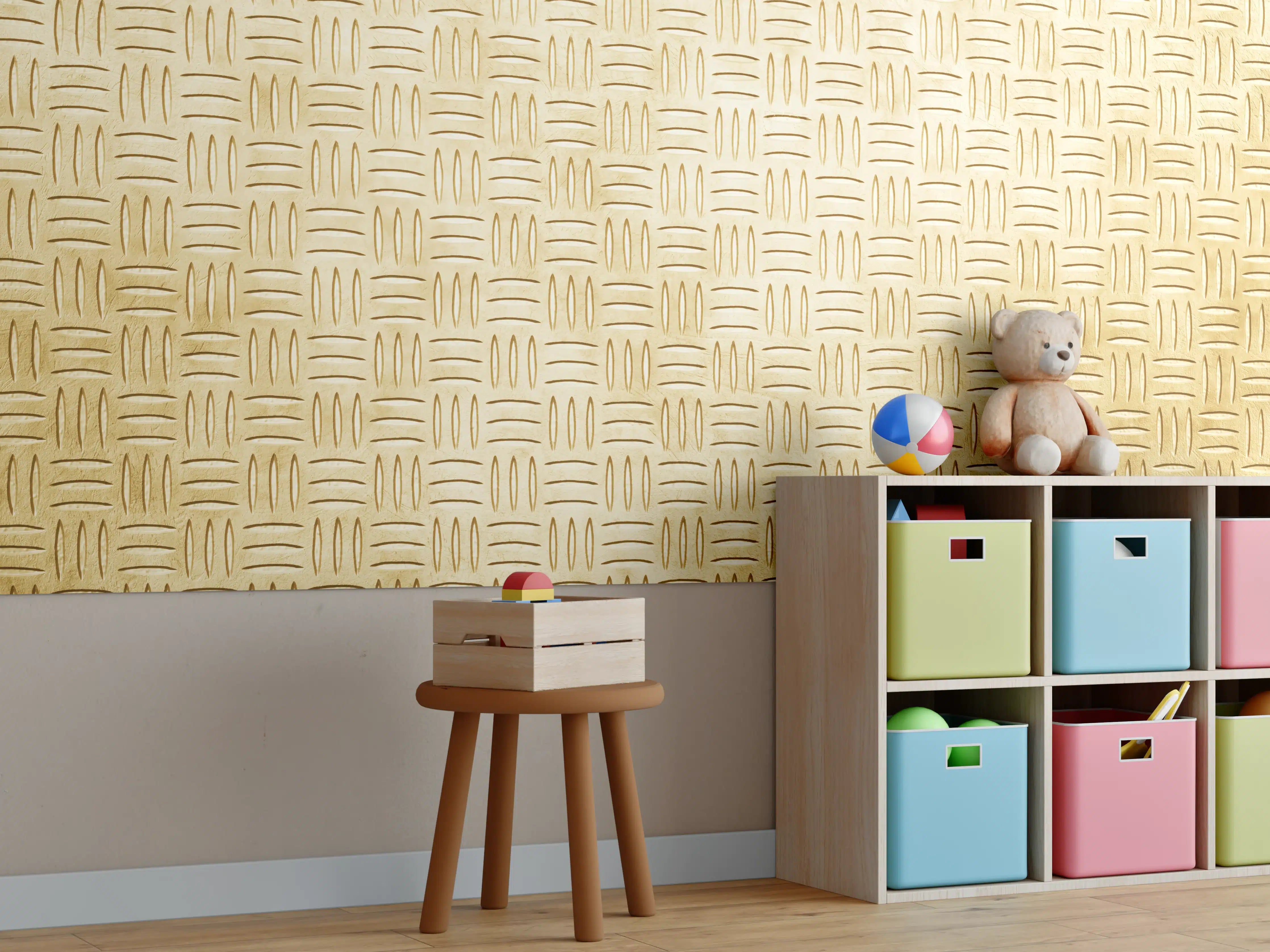 Kinderzimmer Wandgestaltung - Goldene Holzmaserung mit elegantem Design