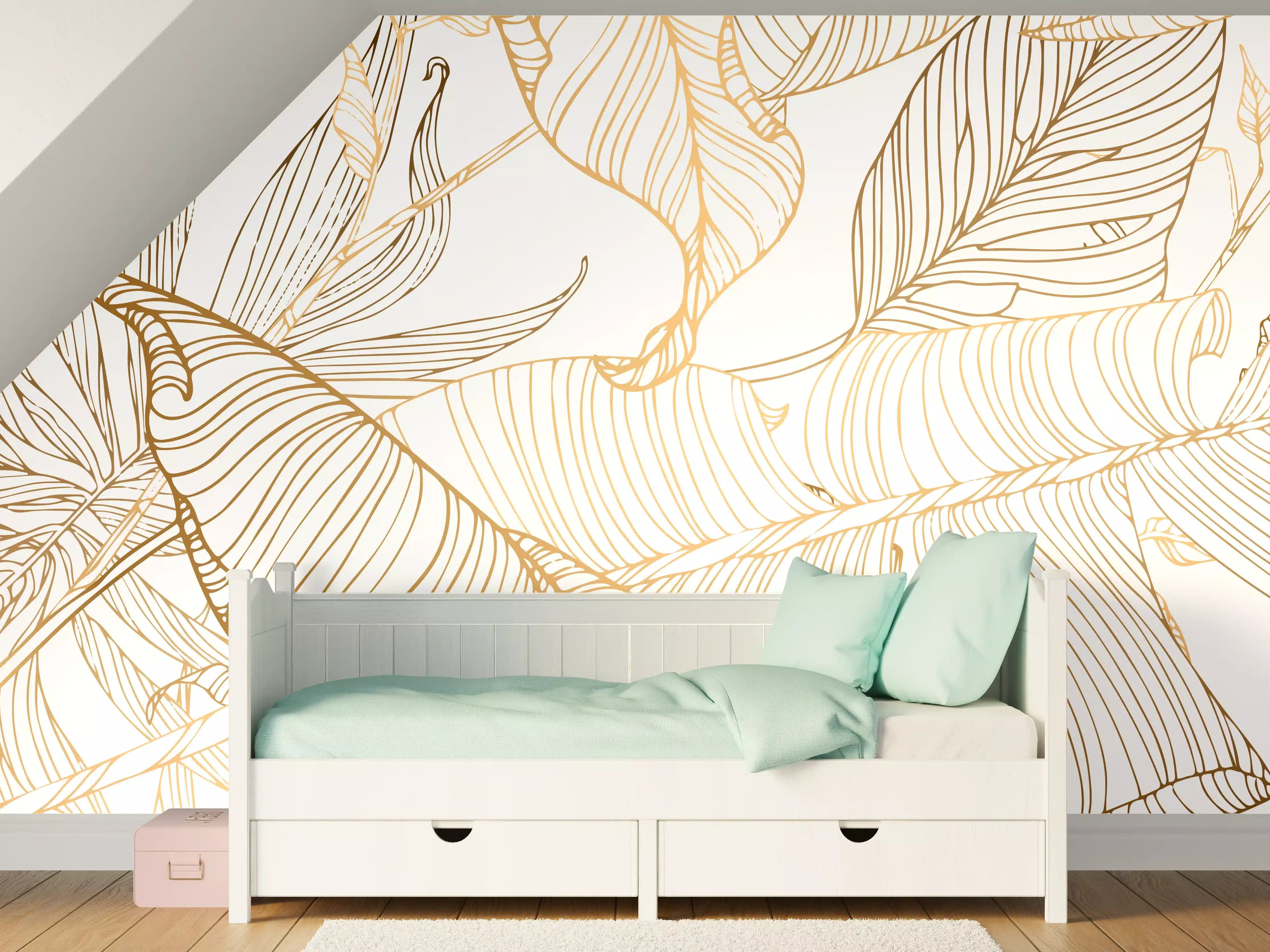 Kinderzimmer Wandgestaltung - Goldene Lineart Blattmuster Kunst