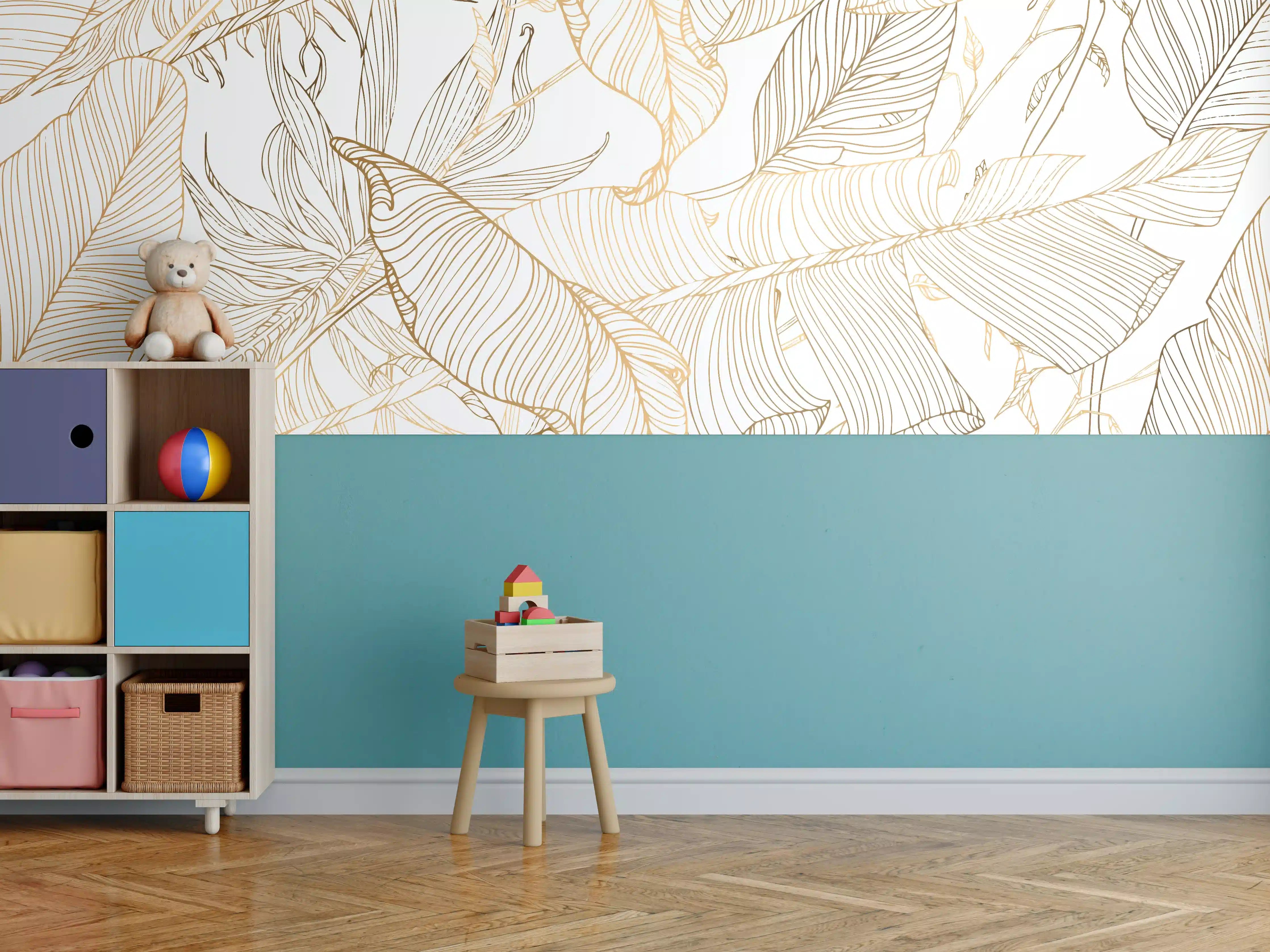 Kinderzimmer Wandgestaltung - Goldene Lineart Blattmuster Kunst