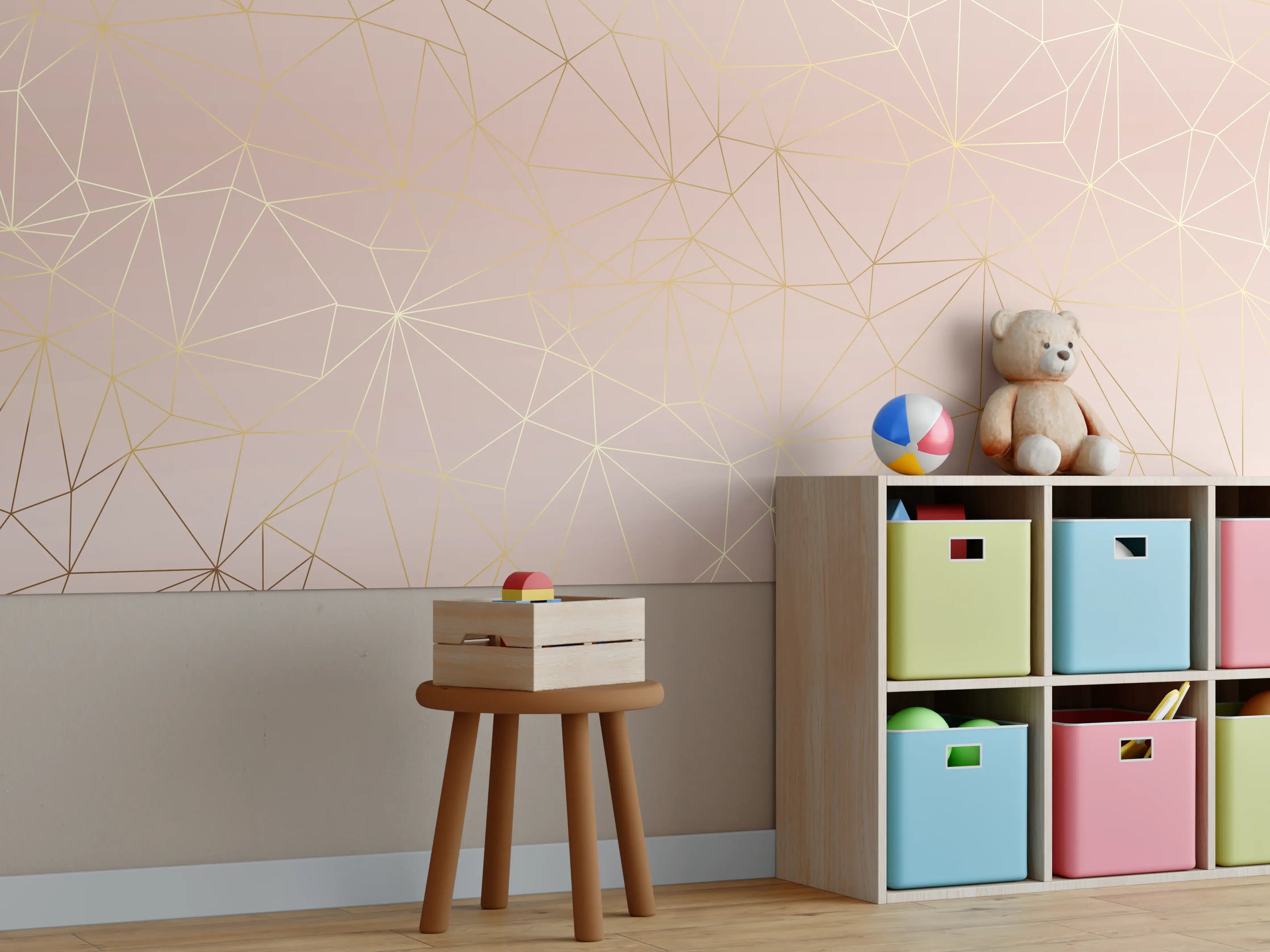 Kinderzimmer Wandgestaltung - Goldene Linien auf Beige Hintergrund