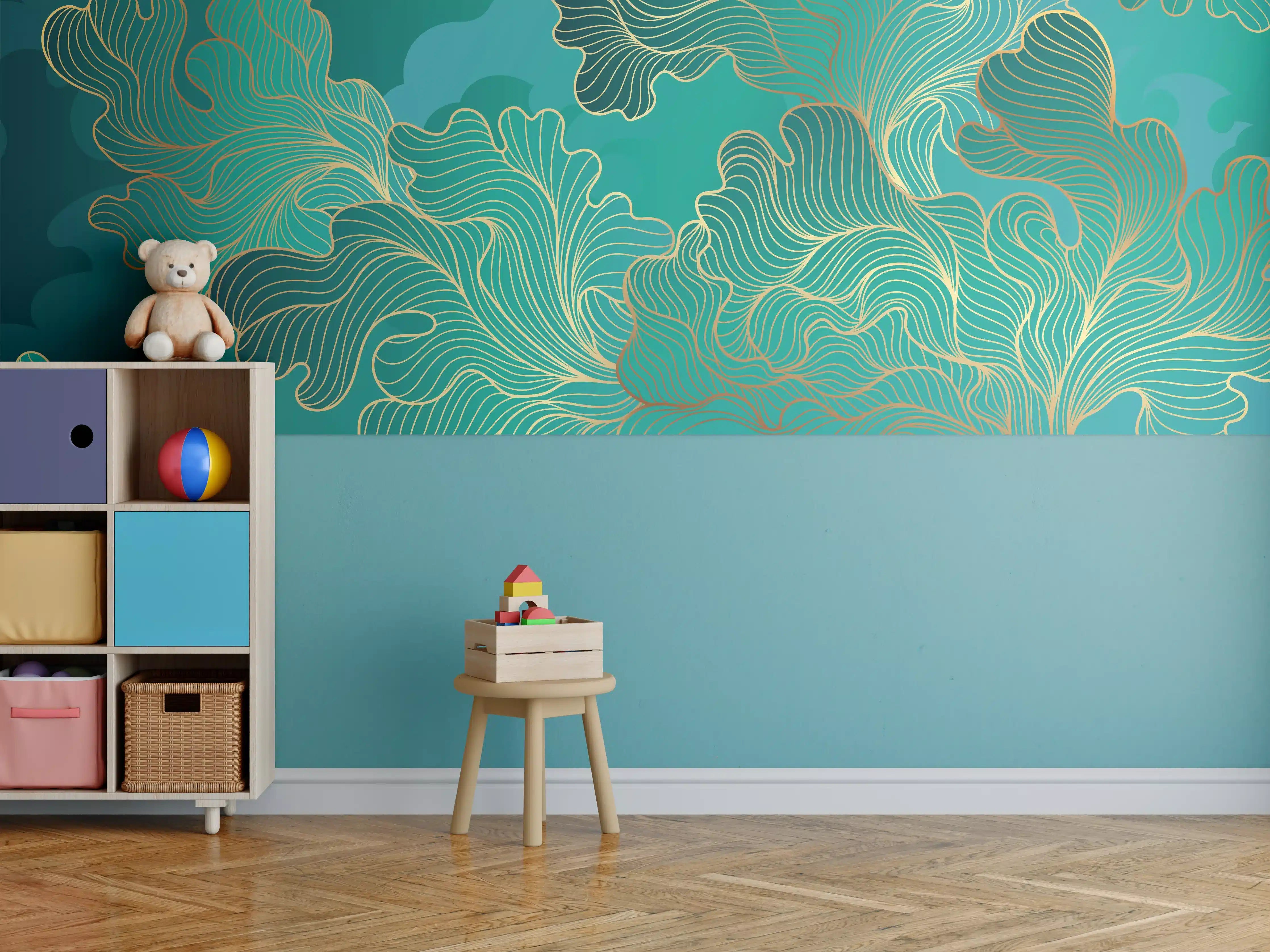 Kinderzimmer Wandgestaltung - Goldene Linien auf Smaragdgrünem Hintergrund