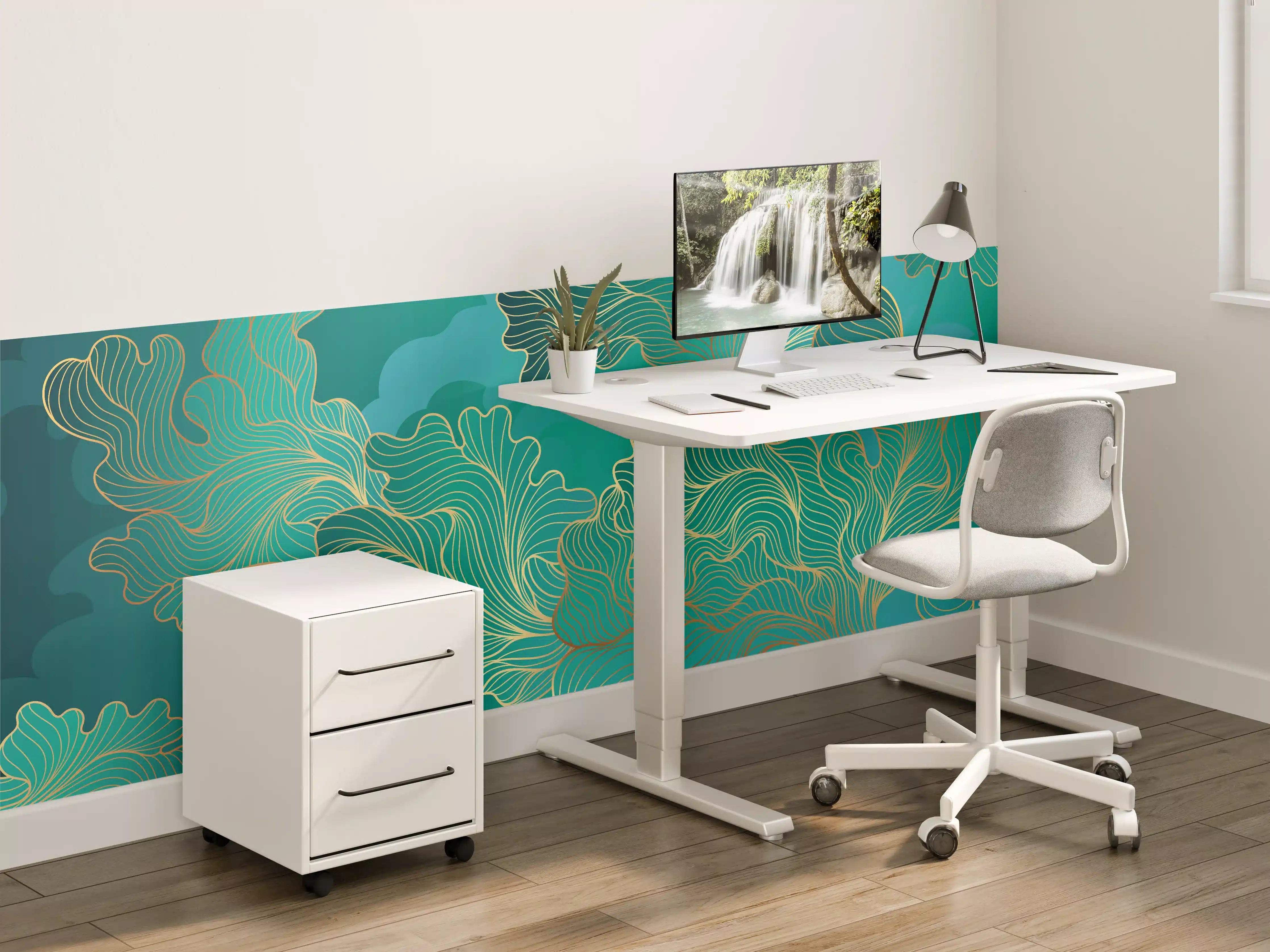 Kinderzimmer Wandgestaltung - Goldene Linien auf Smaragdgrünem Hintergrund