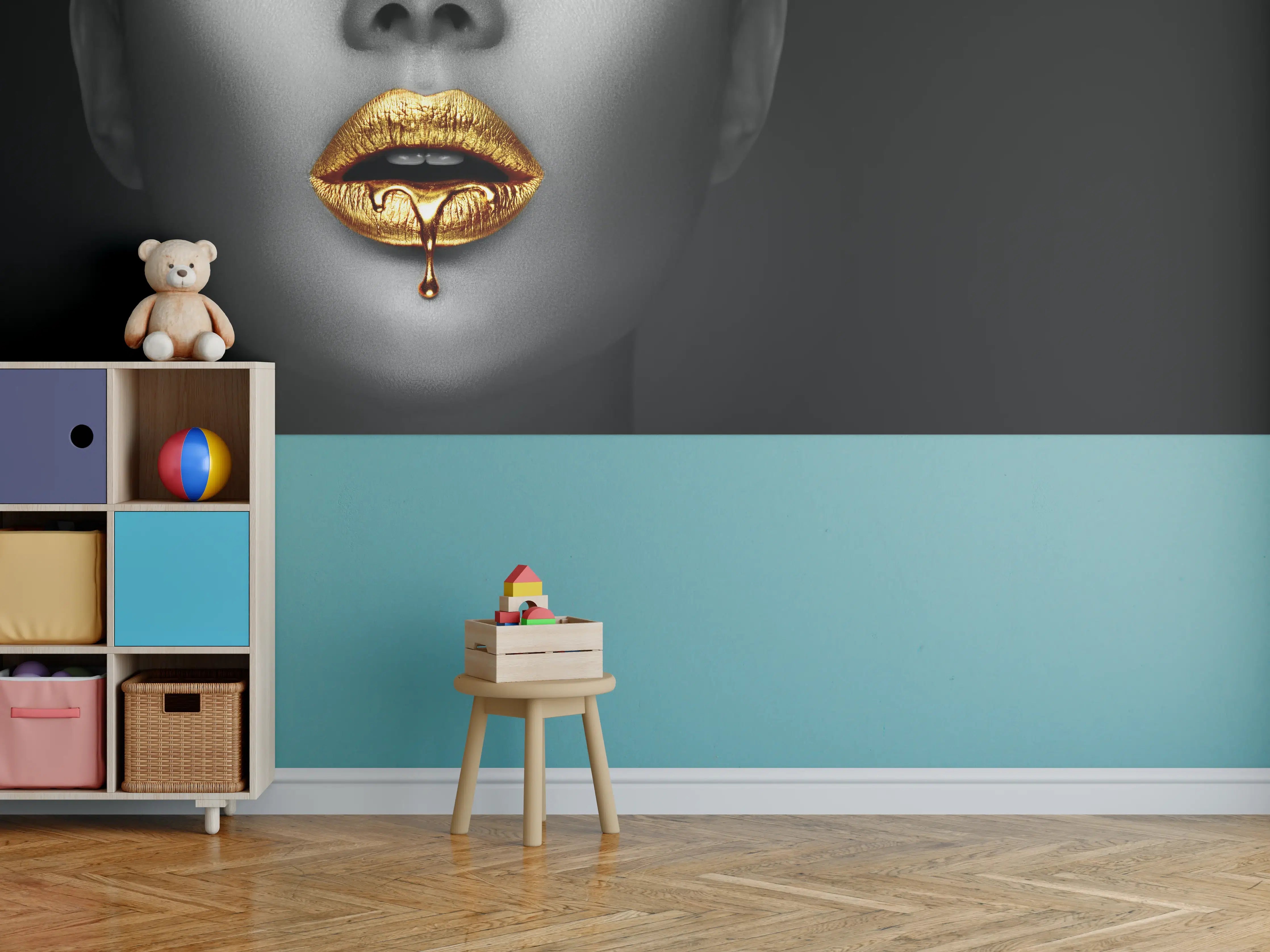 Kinderzimmer Wandgestaltung - Goldene Lippen Liquid Art